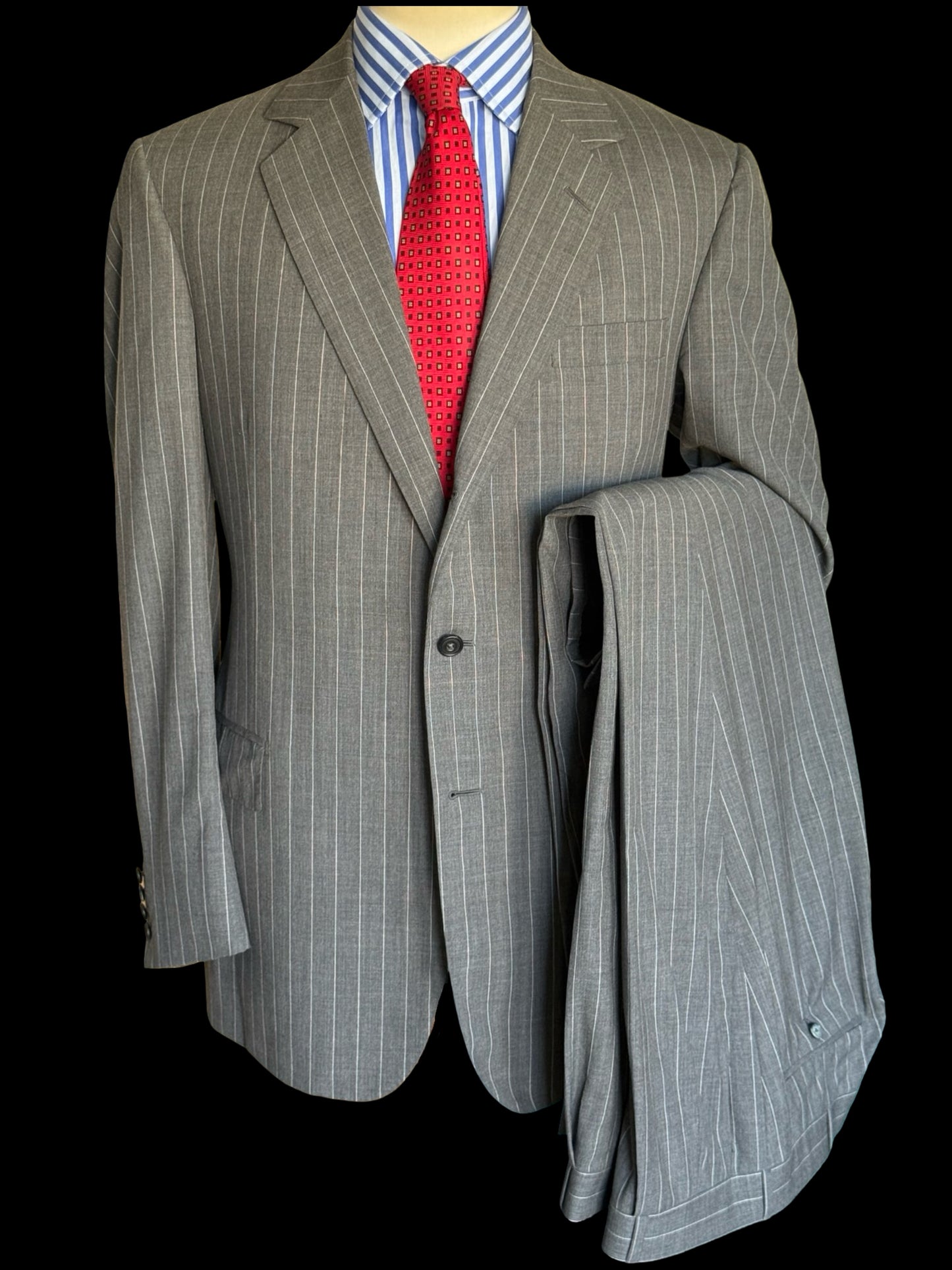Bespoke Kilgour Light Grey Pinstripe Suit 42L/W38L Lightweight Savile Row 2roll3 - 2X TROUSERS
