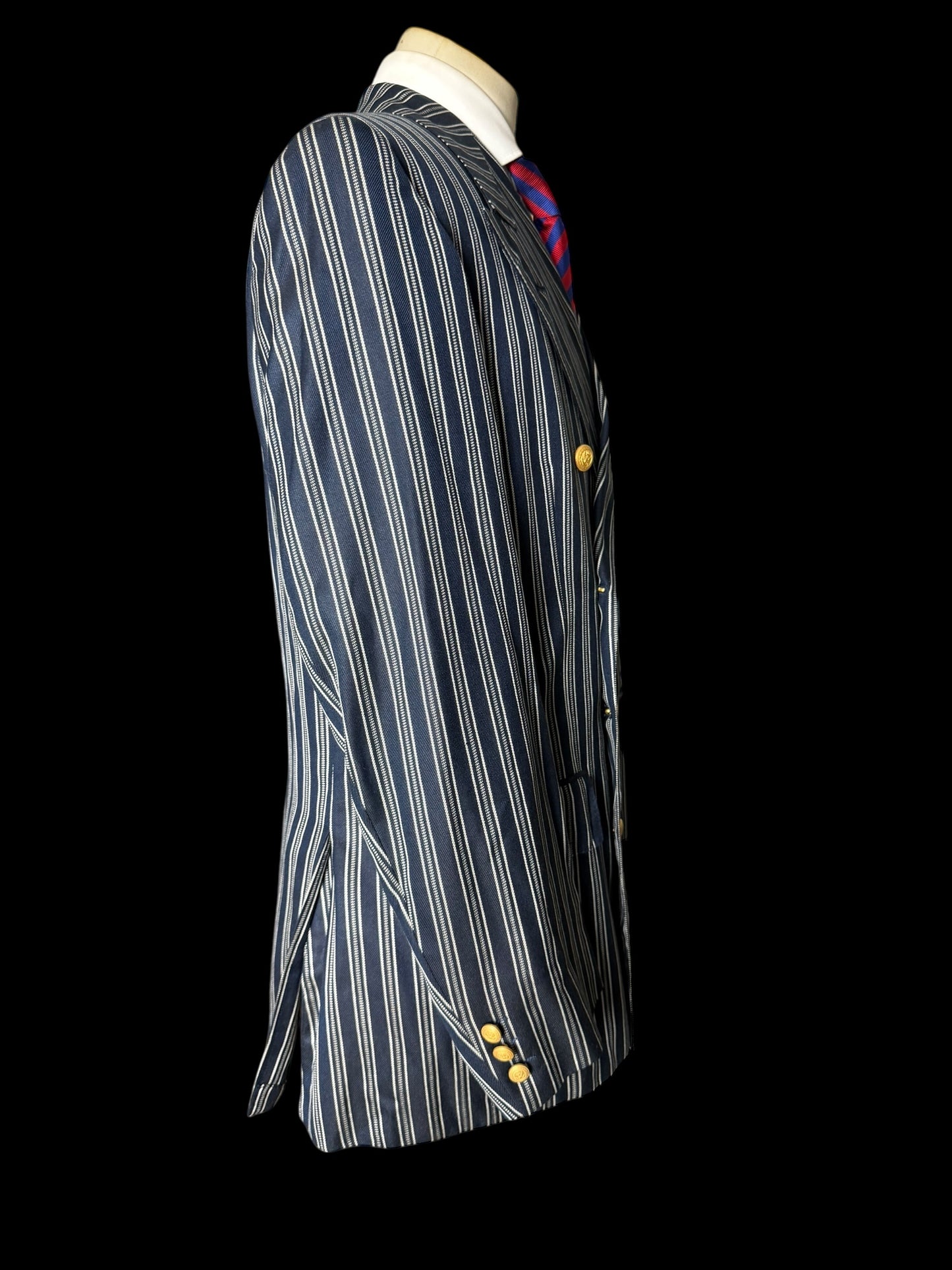 Vintage Chester Barrie Pure Silk Double Breasted Striped Blazer 42R Gold Buttons