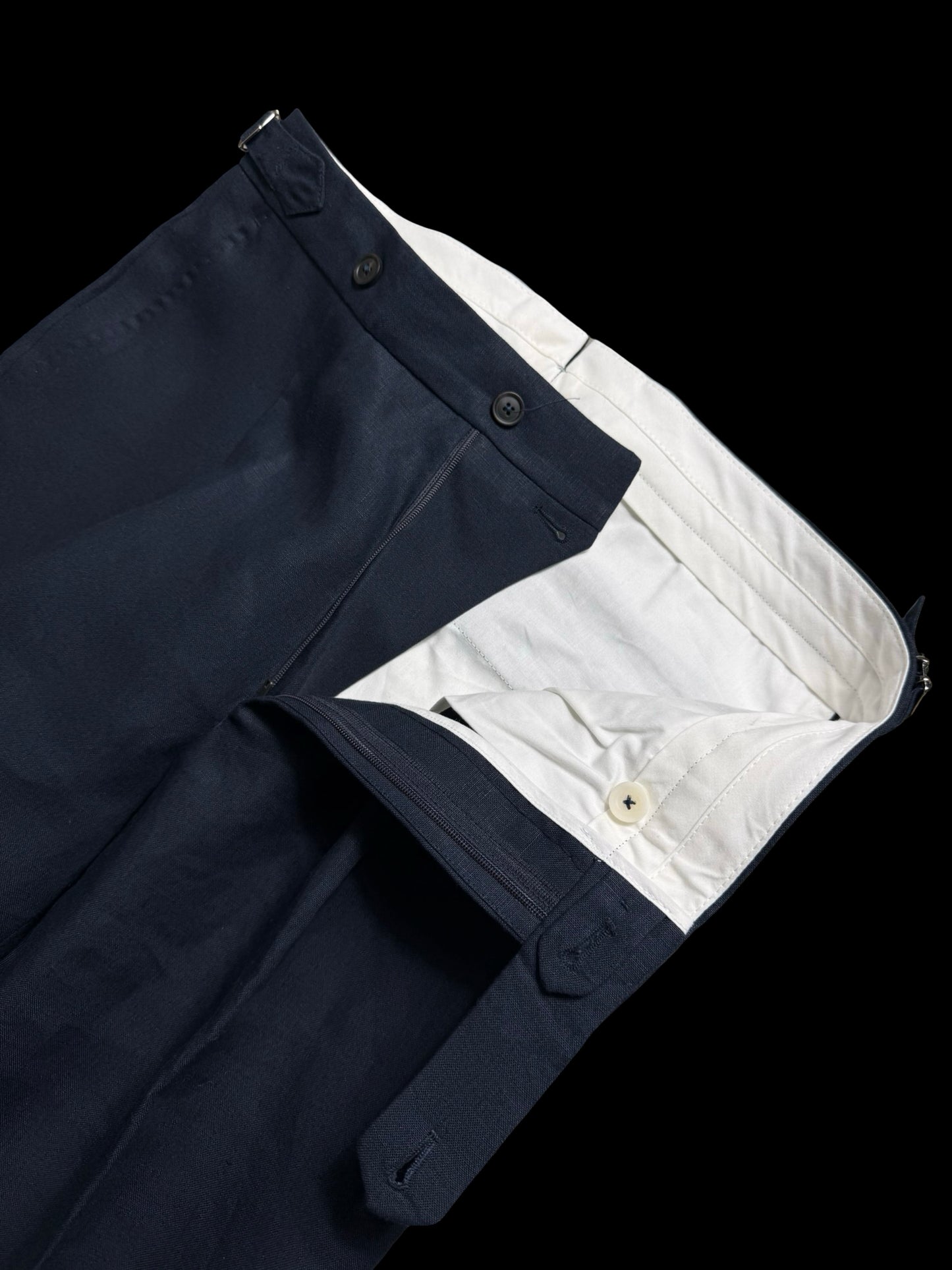 Natalino Single Pleat Navy Irish Linen Trousers W30R Side Adjusters RRP £200