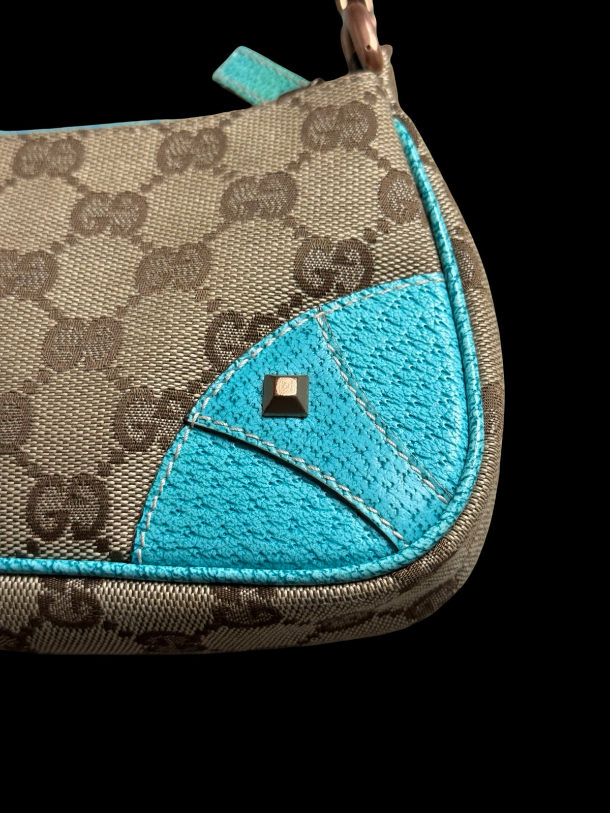 Vintage Gucci GG Canvas Nailhead Pochette Bag Brown/Turquoise Y2k Era Rare