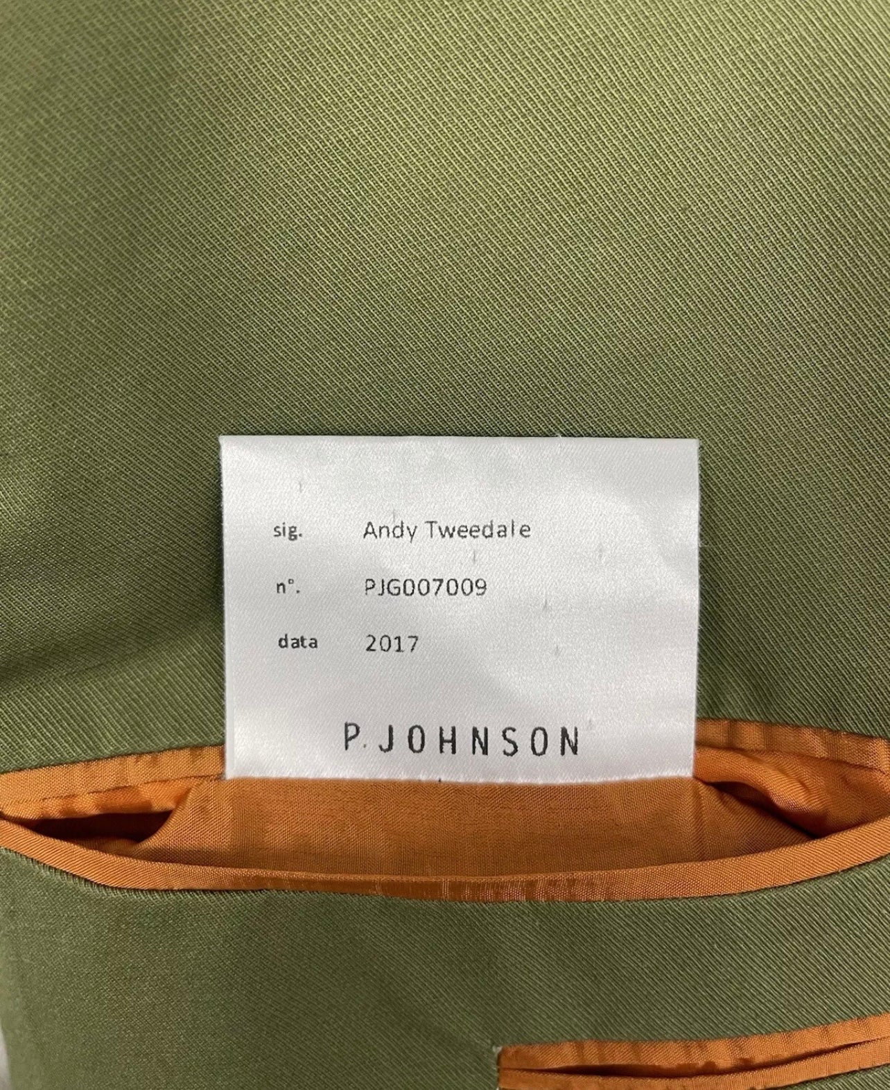 P Johnson Sartoria Carrara Bespoke Jacket 46S/R Khaki Cotton Unstructured