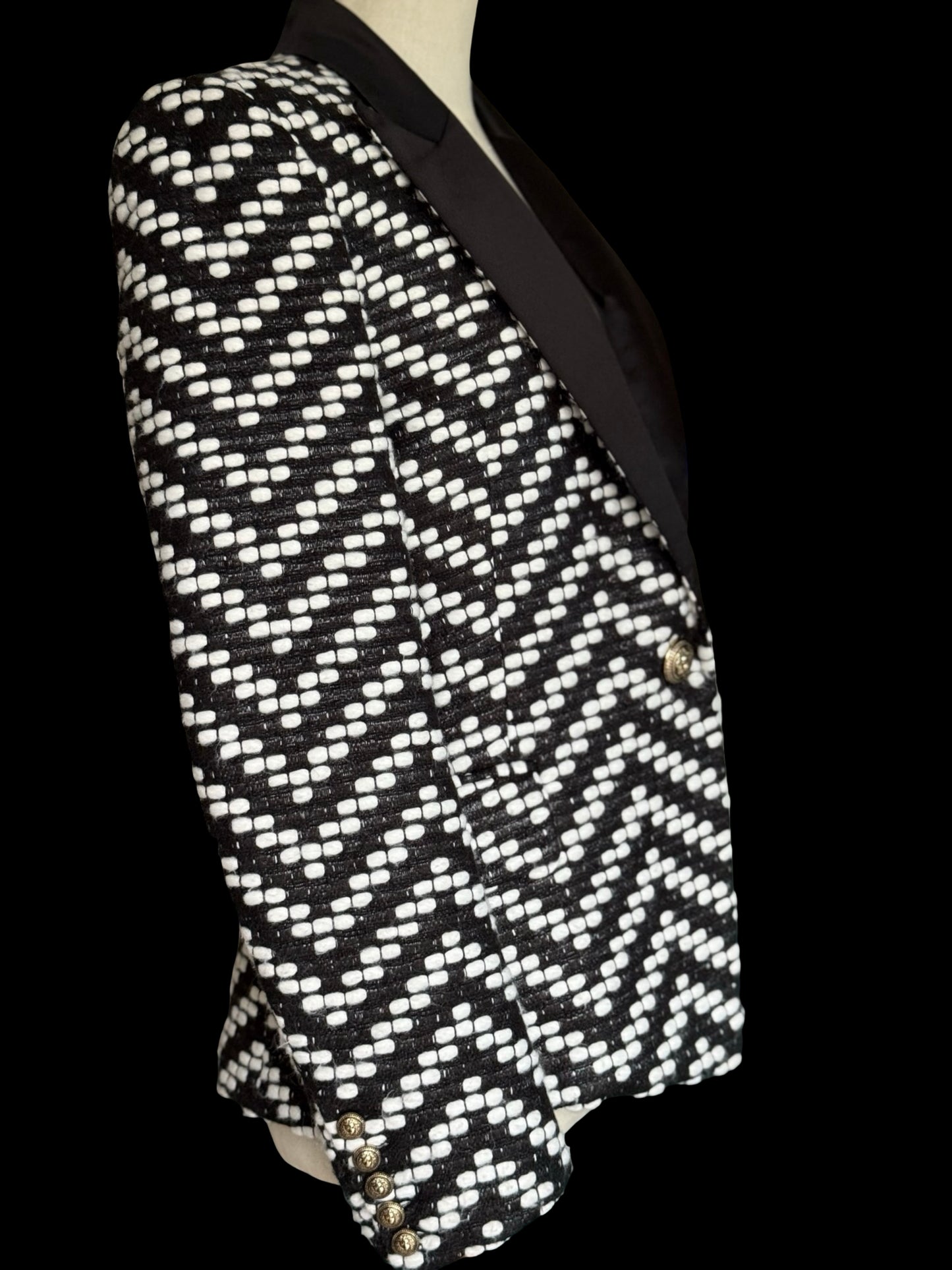 Balmain Black & White Tweed Evening Jacket Blazer 42 Satin Lapels RRP £2.5k