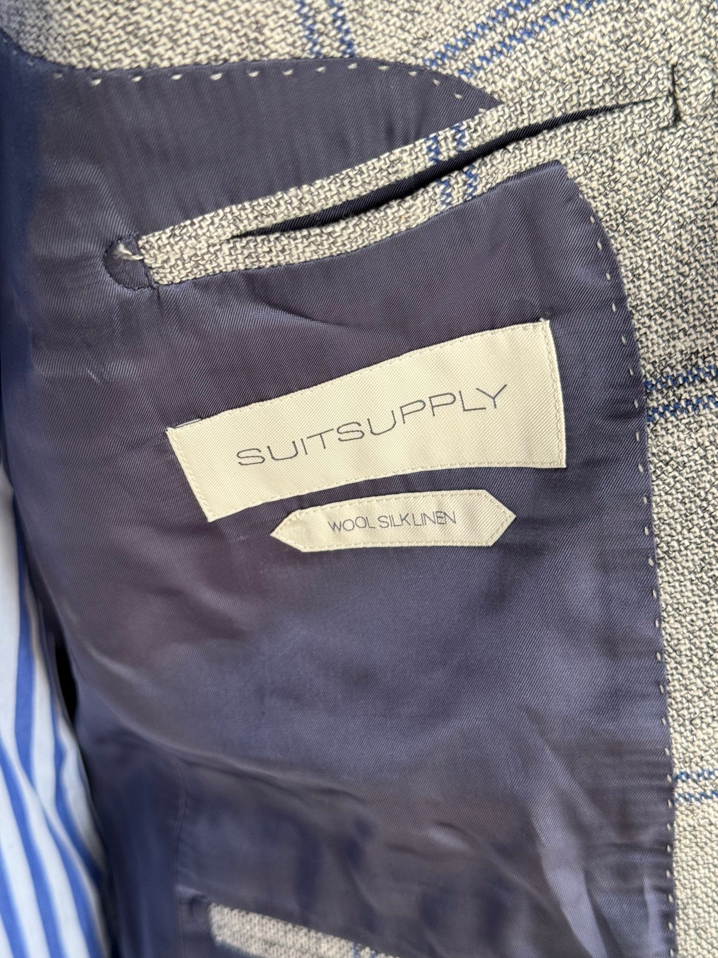Suit Supply Lazio Wool Silk Linen Suit 38R / W36” Grey Blue Check