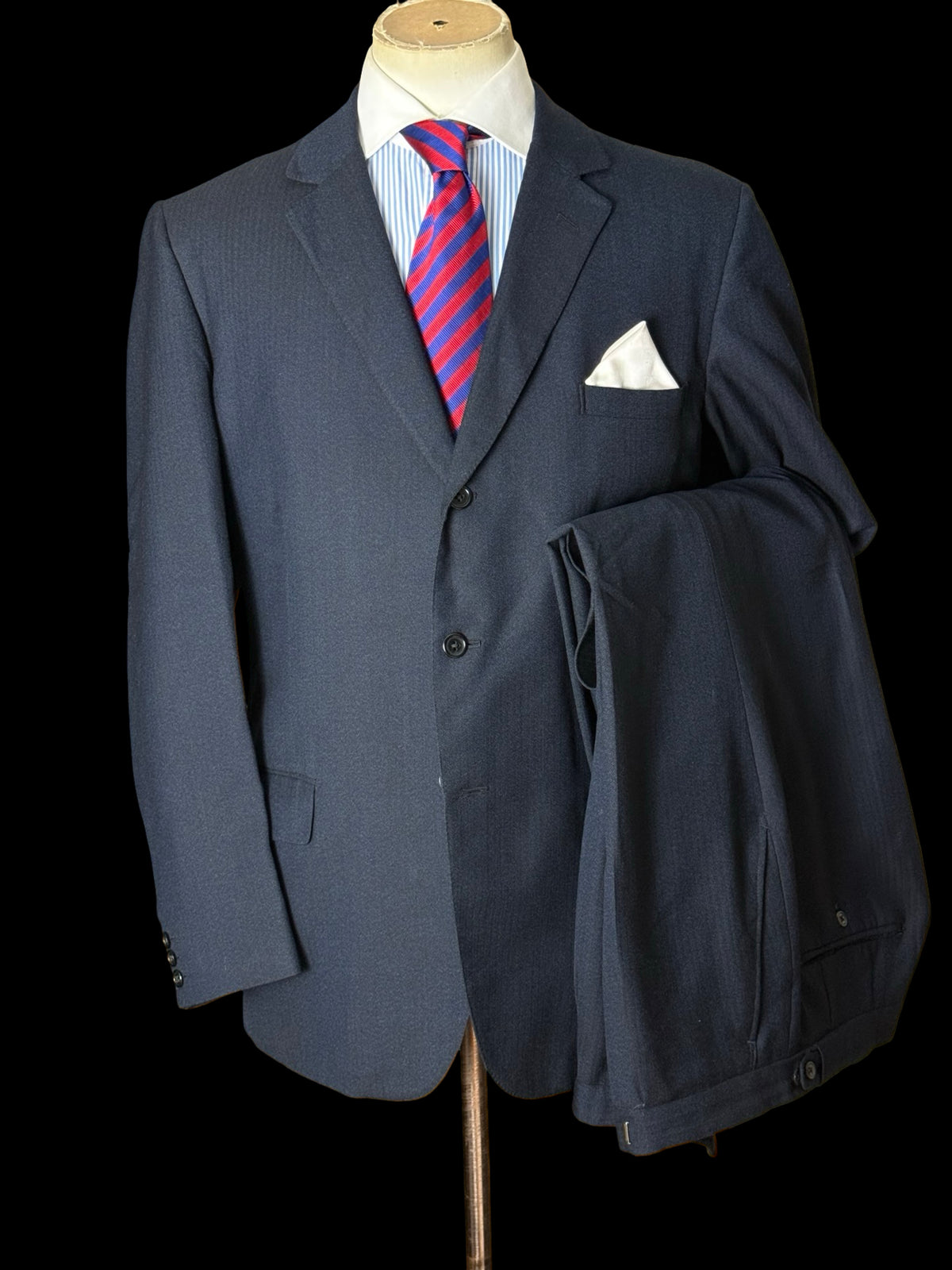 Vintage 1970’s Aquascutum Navy Herringbone Wool Suit 44L / W36”