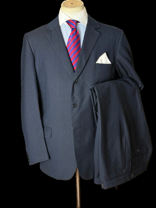 Vintage 1970’s Aquascutum Navy Herringbone Wool Suit 44L / W36”
