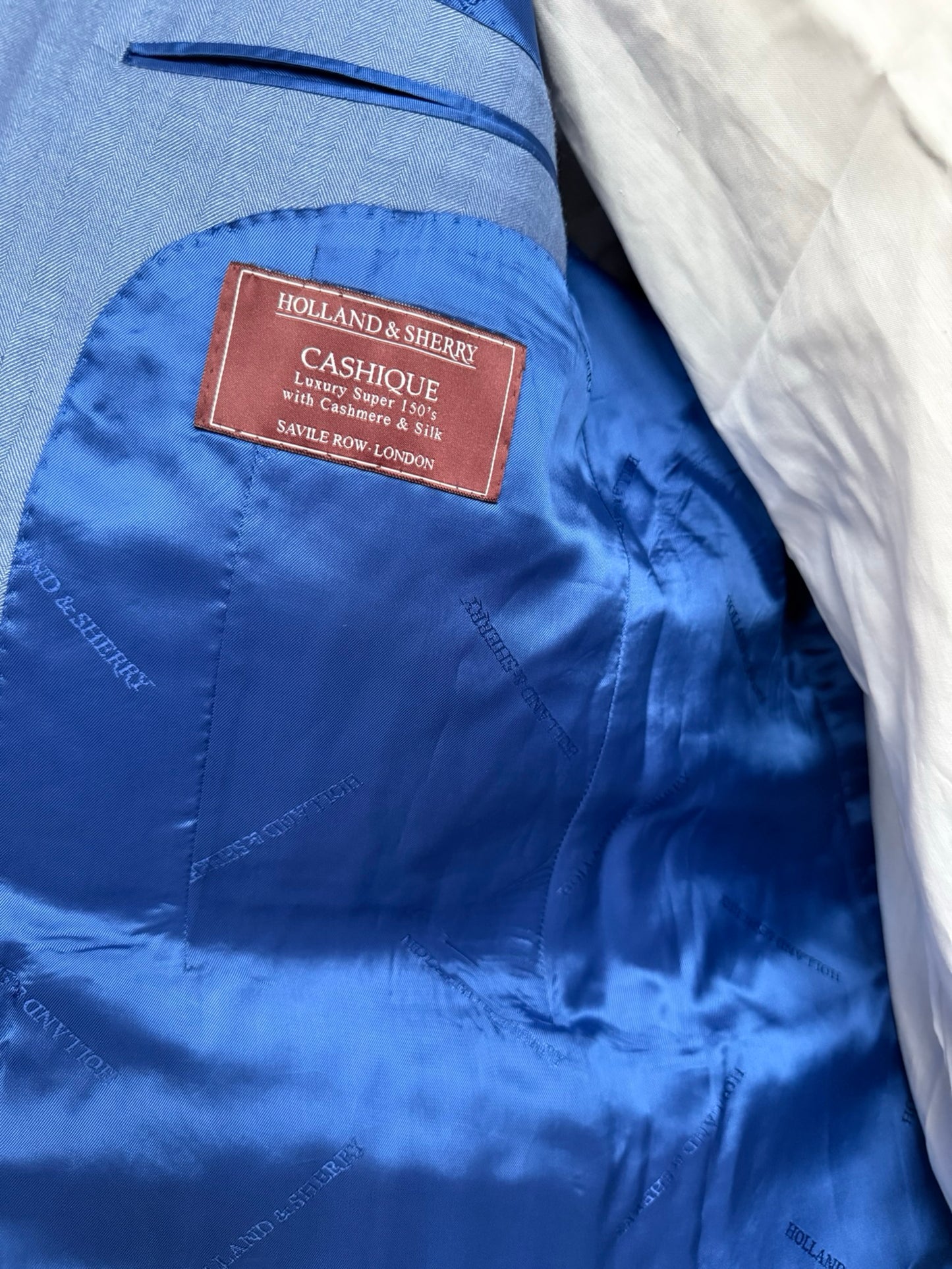 Savile Row Bespoke Blue Herringbone Sport Coat 44/45R Holland Sherry Cashique