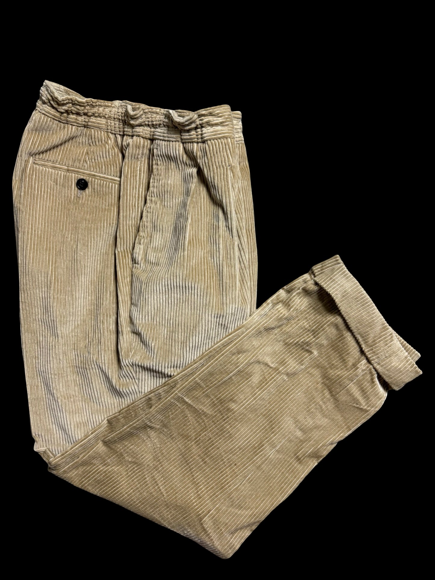 Natalino Sand Corduroy Pleat Front Trousers W32S Drawstring Elasticated Waist