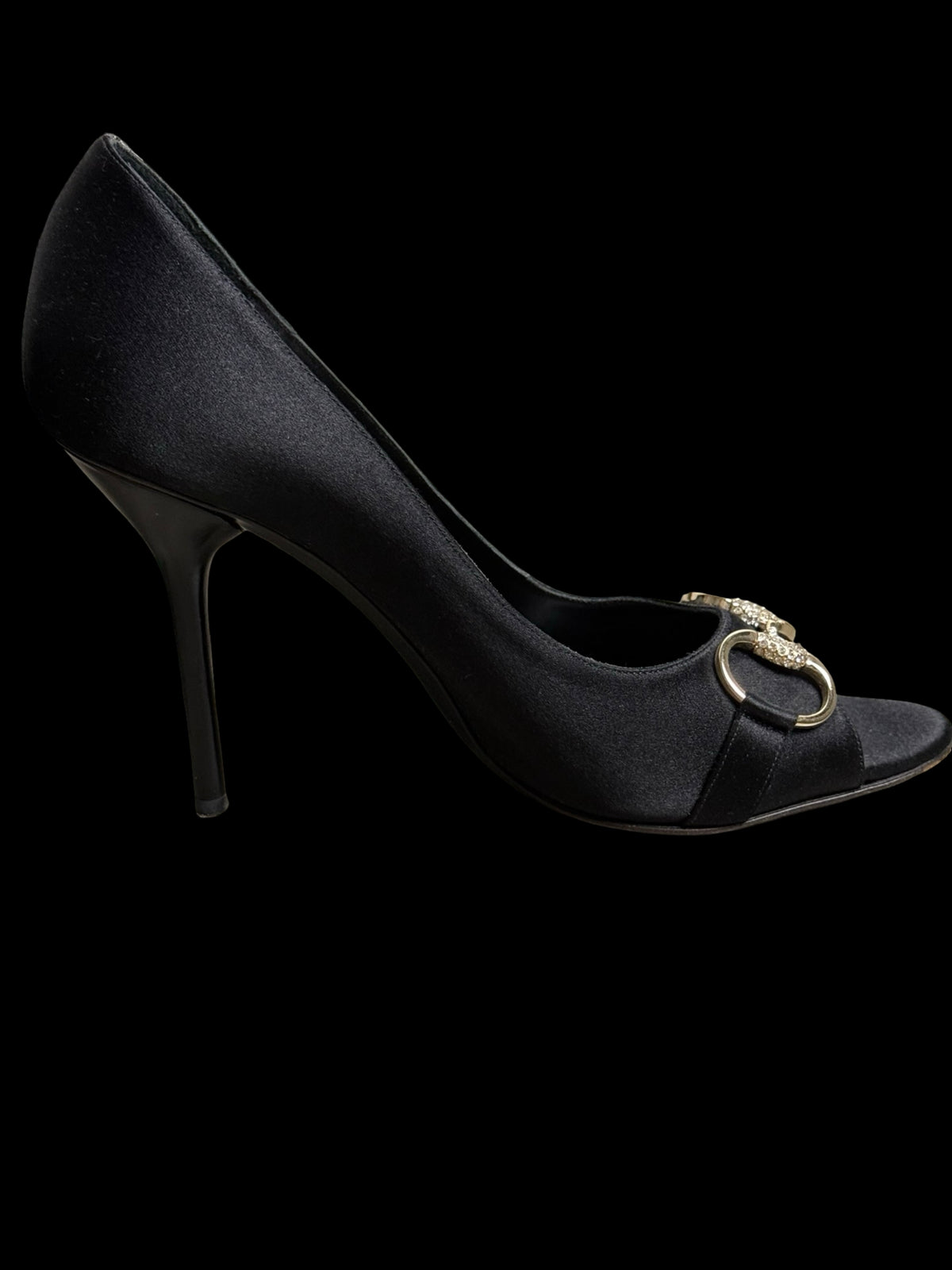 Vintage Gucci Satin Black Embellished Horsebit Peeptoe Hollywood Heels EU39C UK6