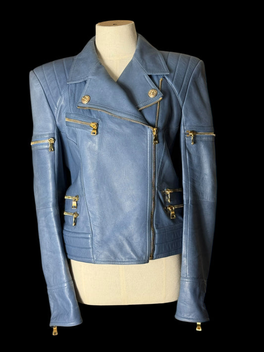 Women’s Balmain Blue Leather Biker Jacket FR42 Large RRP £2k+