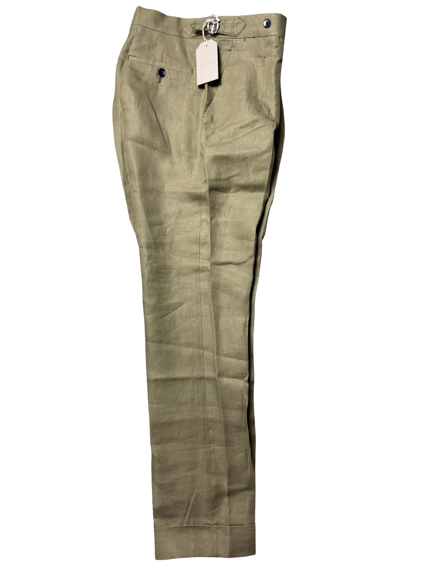 BNWT Natalino Single Pleat Khaki Linen Trousers IT44 W28-30” Baird Mcnutt RRP £200