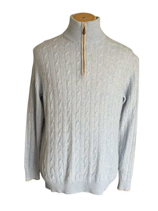 Men’s N. Peal Albemarle 1/4 Zip Cable-Knit Cashmere Jumper Light Blue XL SS19 RRP £395