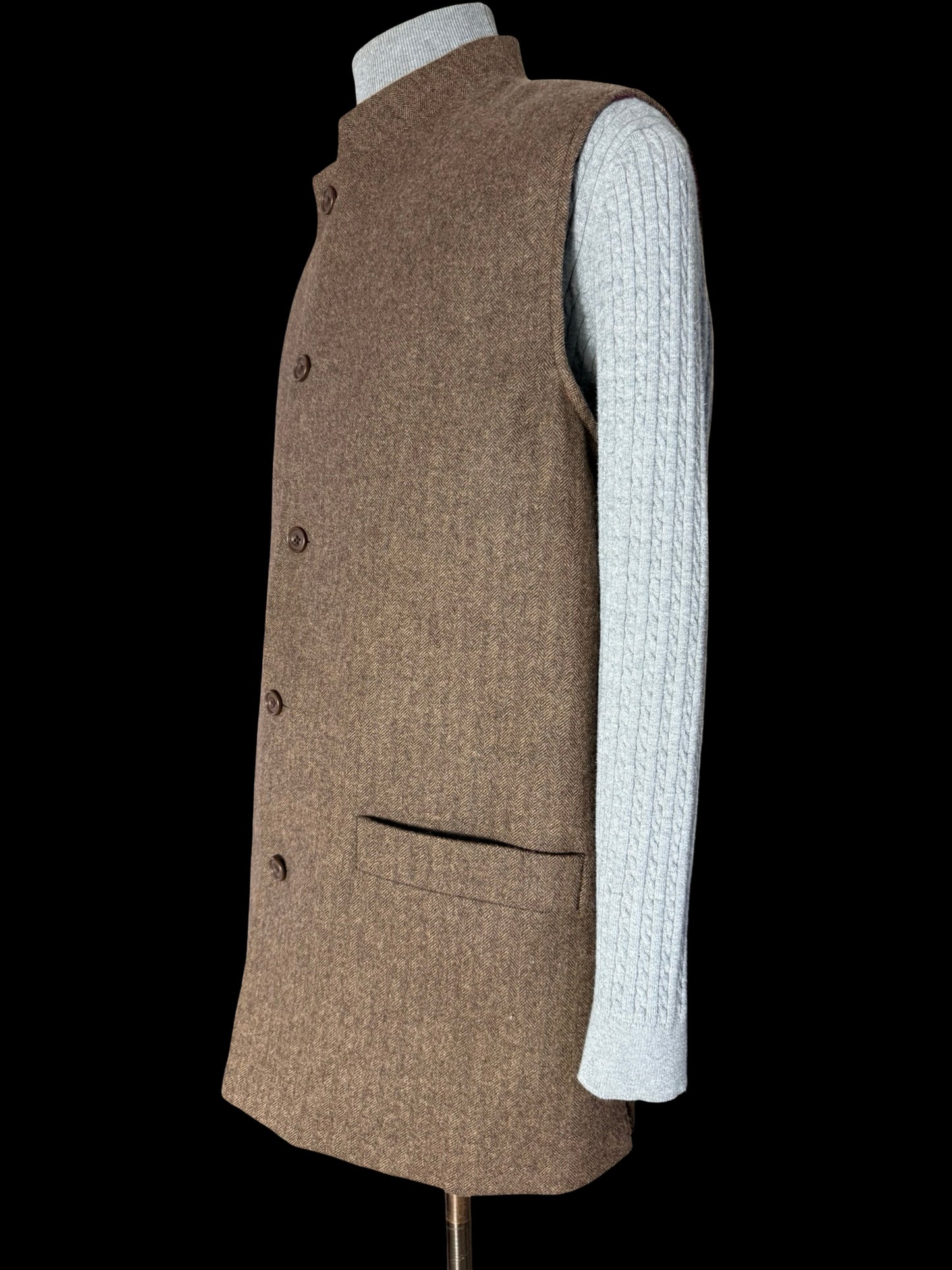 Bespoke Barrington & Ayre Moon Herringbone Wool Gilet 44 Nehru Brown RRP £525