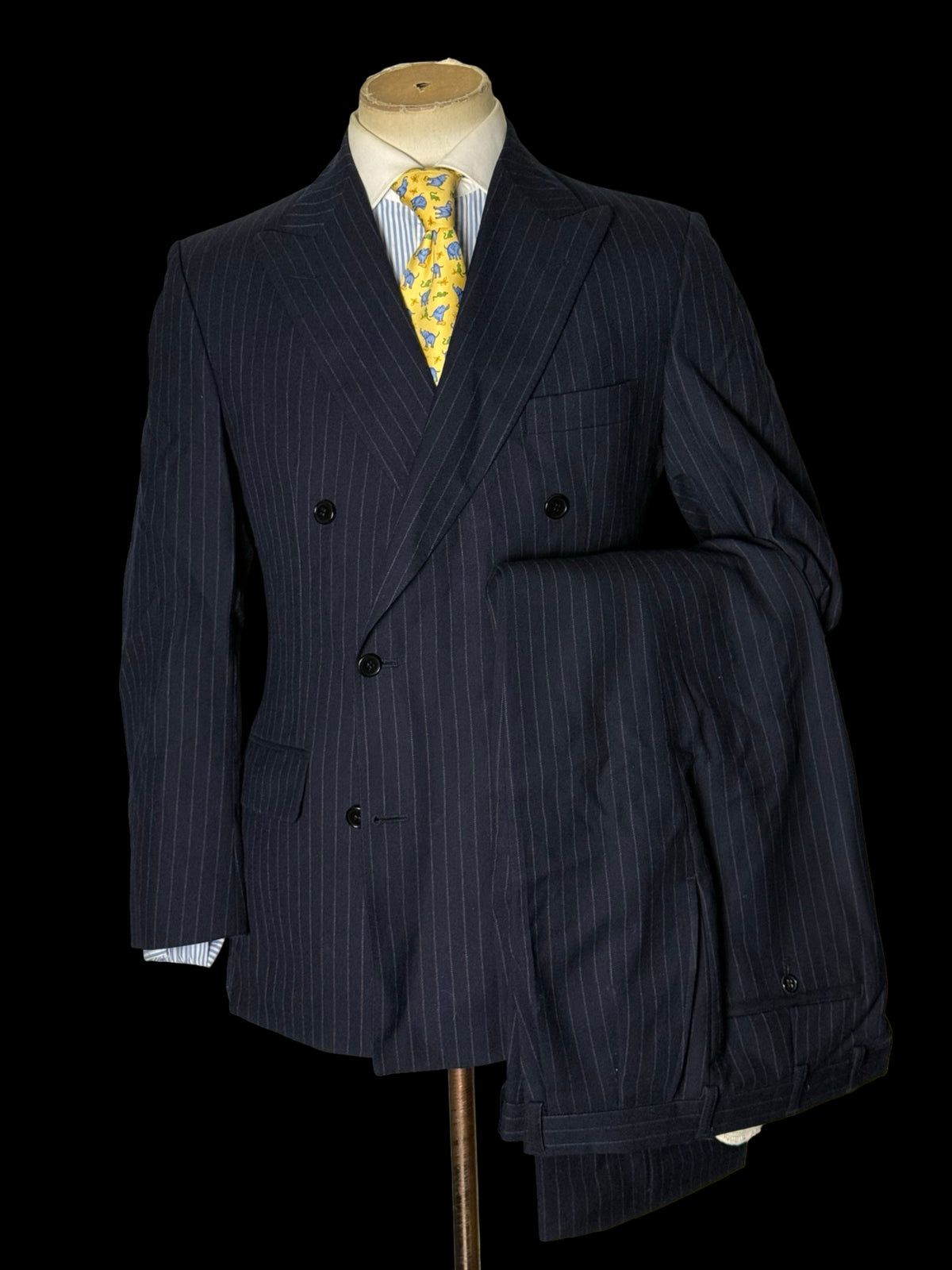 VTG Austin Reed Chester Barrie Navy Double Breasted Suit 39S/W34S Chalk Stripe