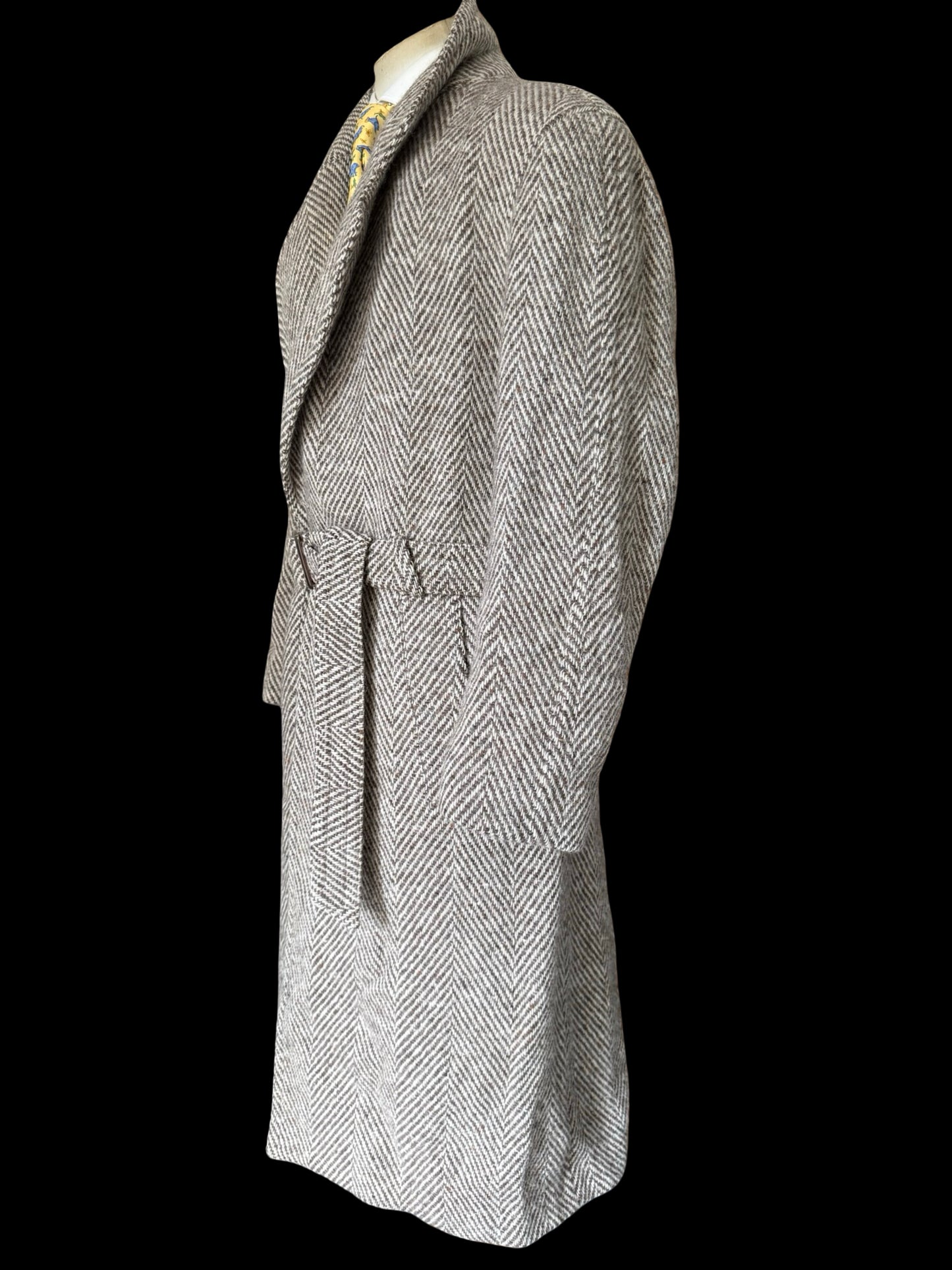Bespoke Herringbone Tweed Belted Overcoat 44R Brown Beige