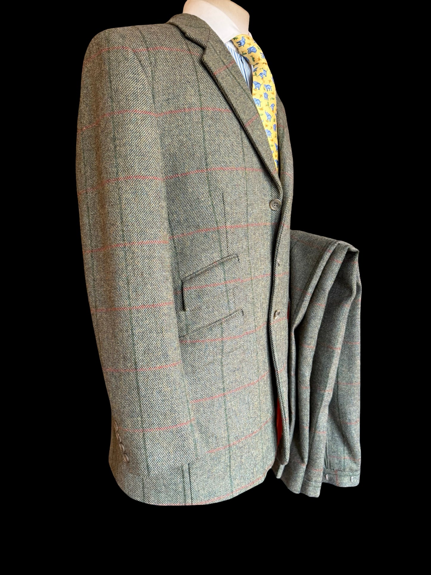 Vintage Bespoke Tweed Suit 40R / W34L Green Orange Overcheck Country