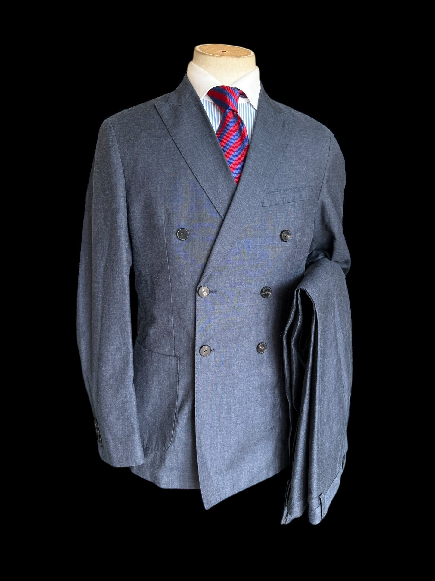 Men’s Reiss Double Breasted Suit 40R / W34” Slim Fit Wool Linen Silk Blue