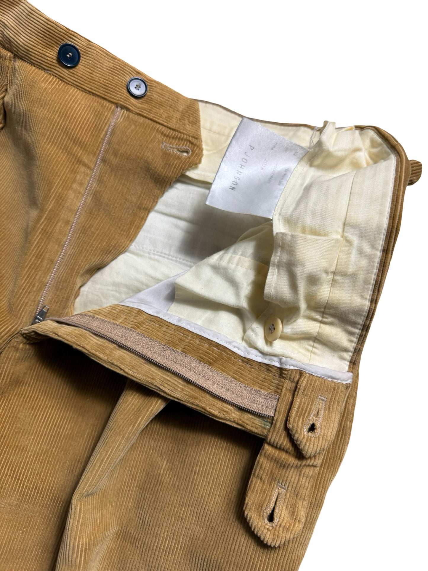 Bespoke P. Johnson X Sartoria Carrara Corduroy Pleat Front Trousers W32S Tan