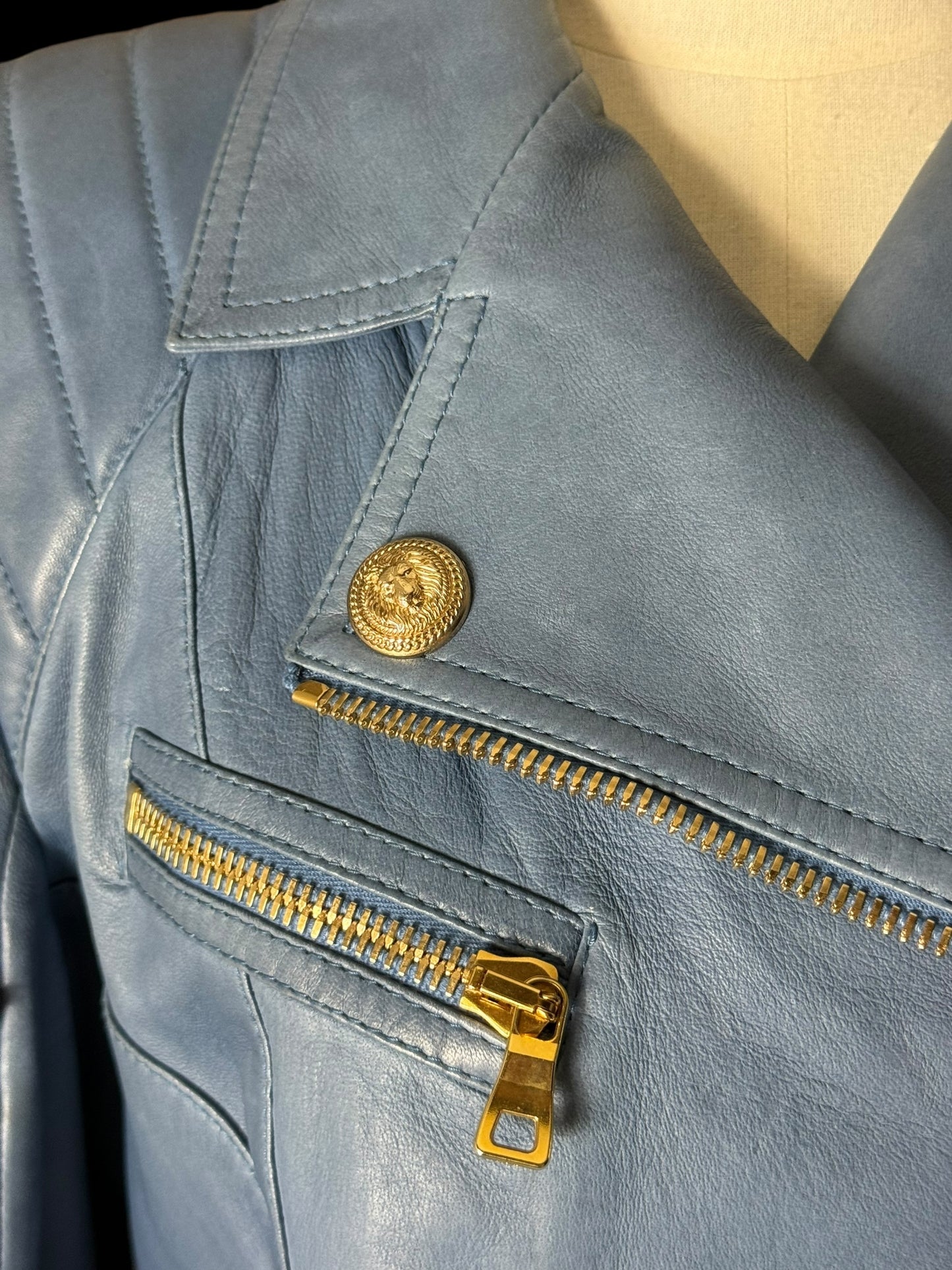 Women’s Balmain Blue Leather Biker Jacket FR42 Large RRP £2k+