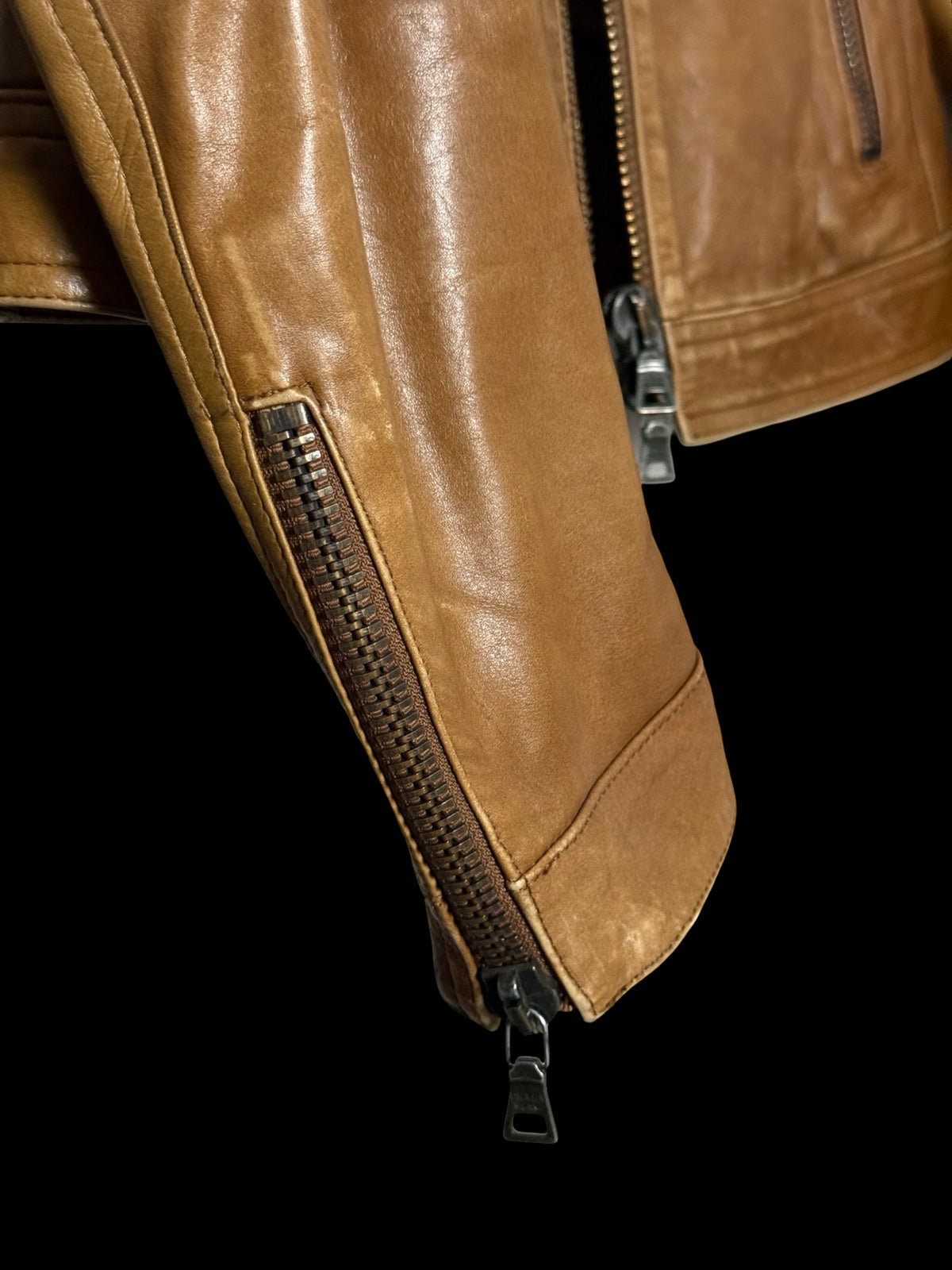 Vintage Womens Prada Racer Leather Jacket IT46 Light Brown