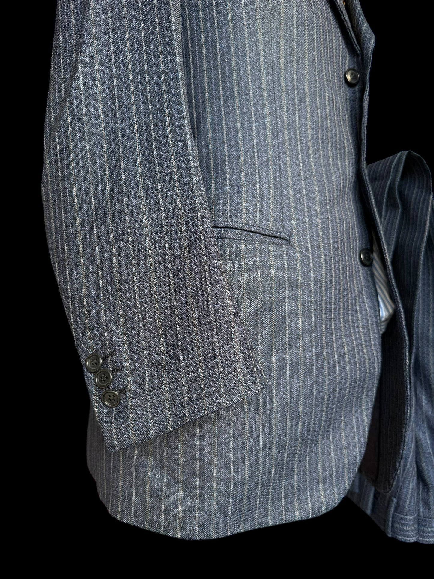 Bespoke Tommy Giulio Caraceni Blue Stripe Heavy Wool Suit 42S/ W34” 1940’s Style