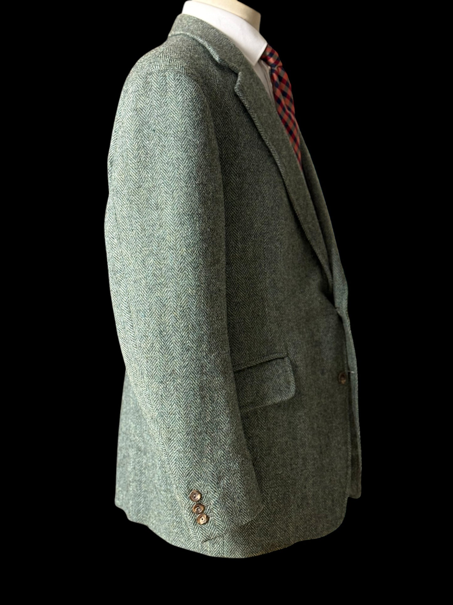 Bespoke Henry Poole Savile Row Tweed Sport Coat 44S/R Herringbone Green 1978