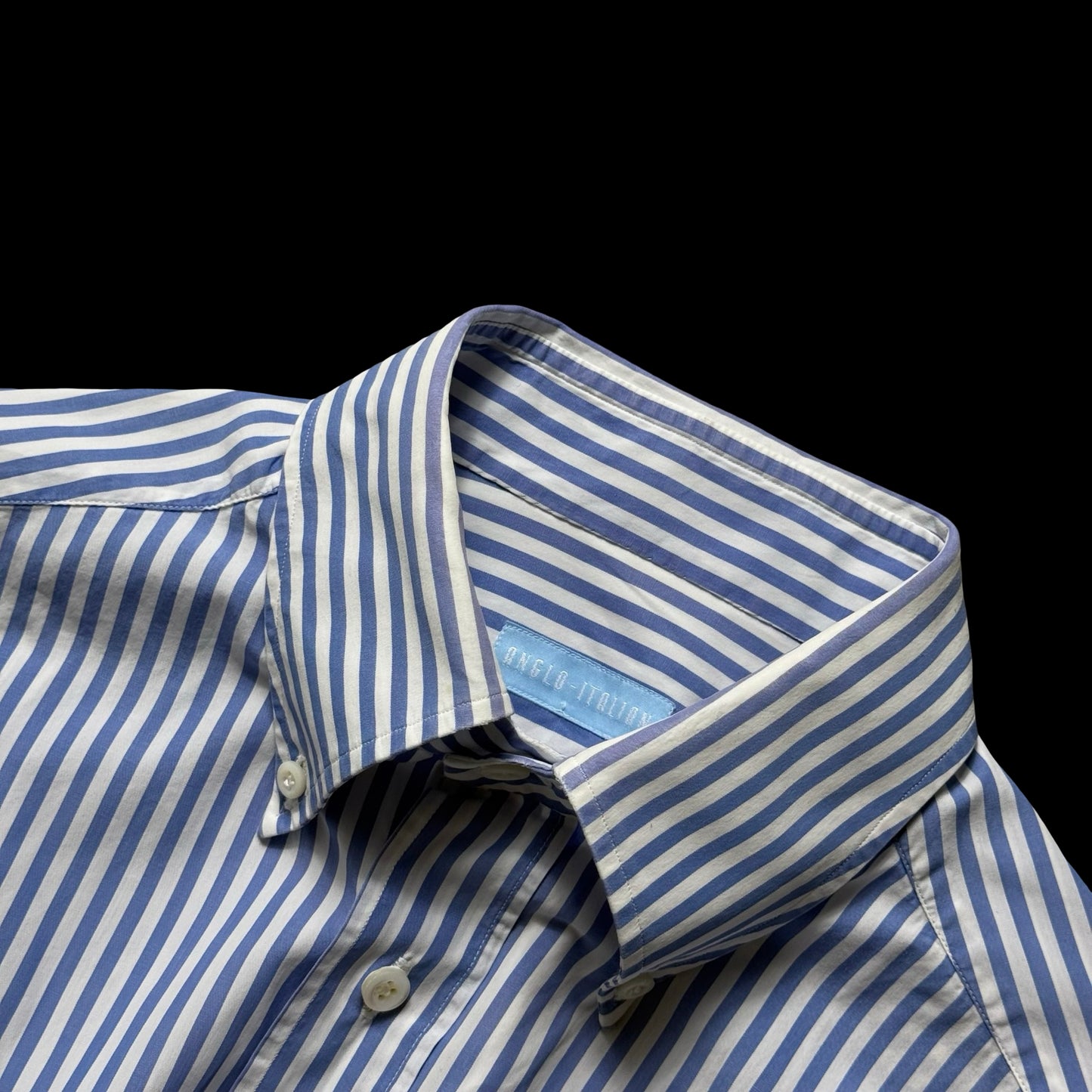 Anglo Italian Striped Button Down Shirt Size 15.5” Light Blue & White Hand Made