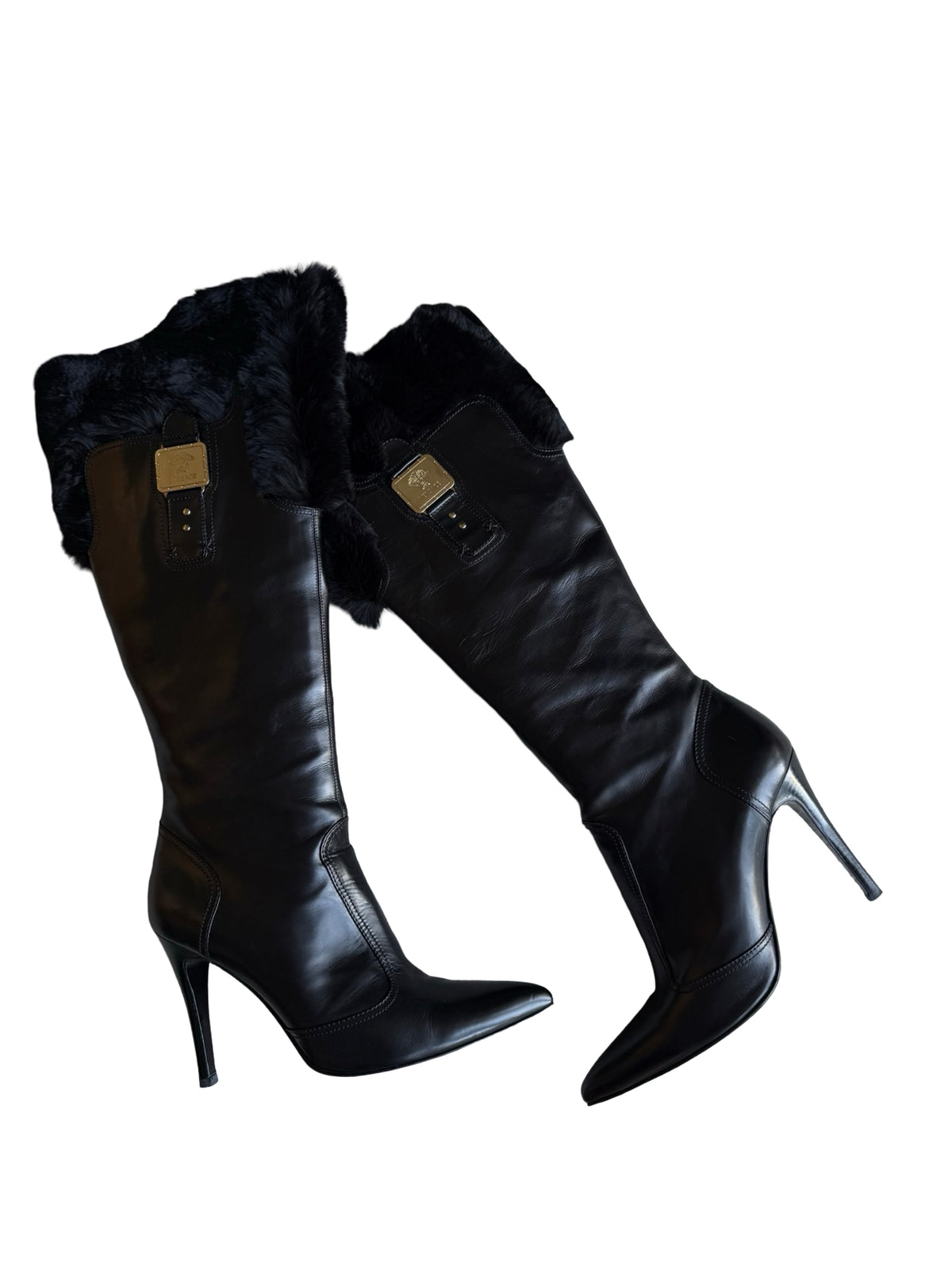 Vintage Versace Knee High Heels Size EU39 UK6 Fur Trim Vintage Rare
