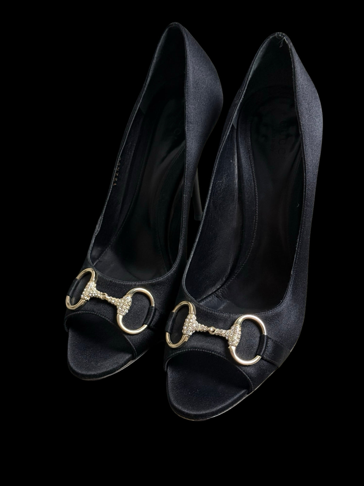 Vintage Gucci Satin Black Embellished Horsebit Peeptoe Hollywood Heels EU39C UK6