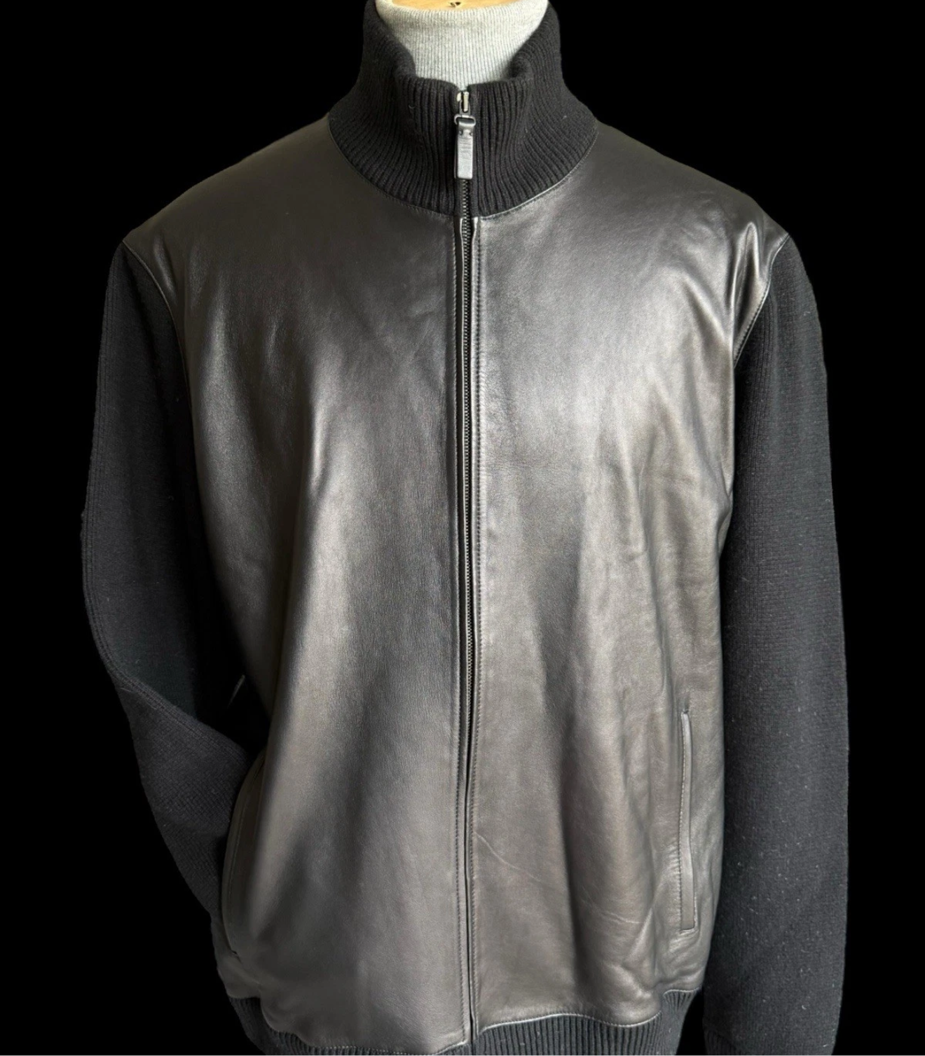 Men’s Brioni Leather Blouson Jacket Knitted Sleeves Size 58