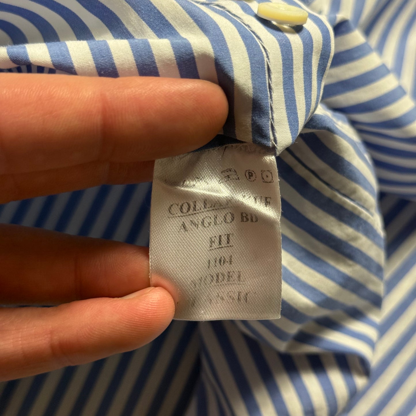 Anglo Italian Striped Button Down Shirt Size 15.5” Light Blue & White Hand Made