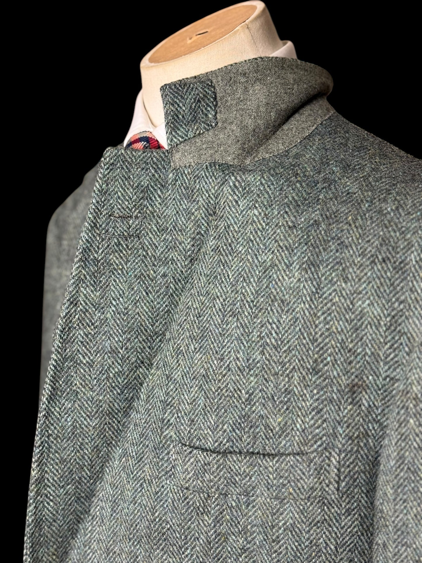 Bespoke Henry Poole Savile Row Tweed Sport Coat 44S/R Herringbone Green 1978