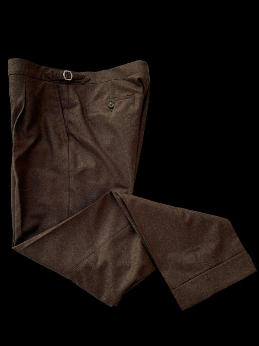 Natalino Single Pleat Flannel Wool Trousers 50 UK 34x32” Brown