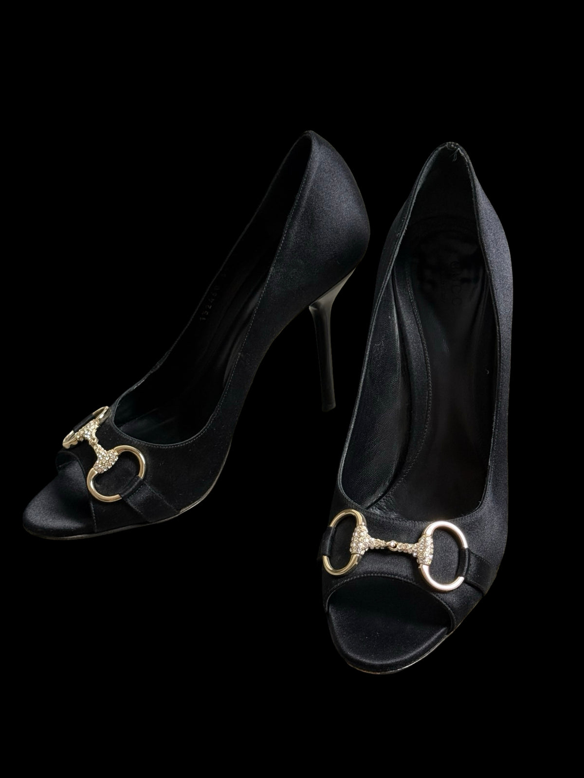 Vintage Gucci Satin Black Embellished Horsebit Peeptoe Hollywood Heels EU39C UK6