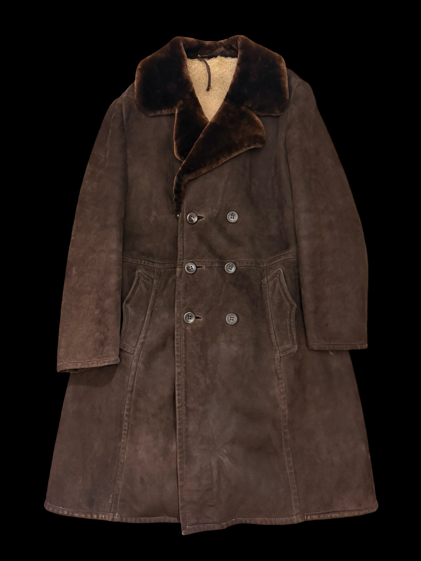Vintage Men’s Double Breasted Sheepskin Overcoat 46” Dark Brown Back Belt