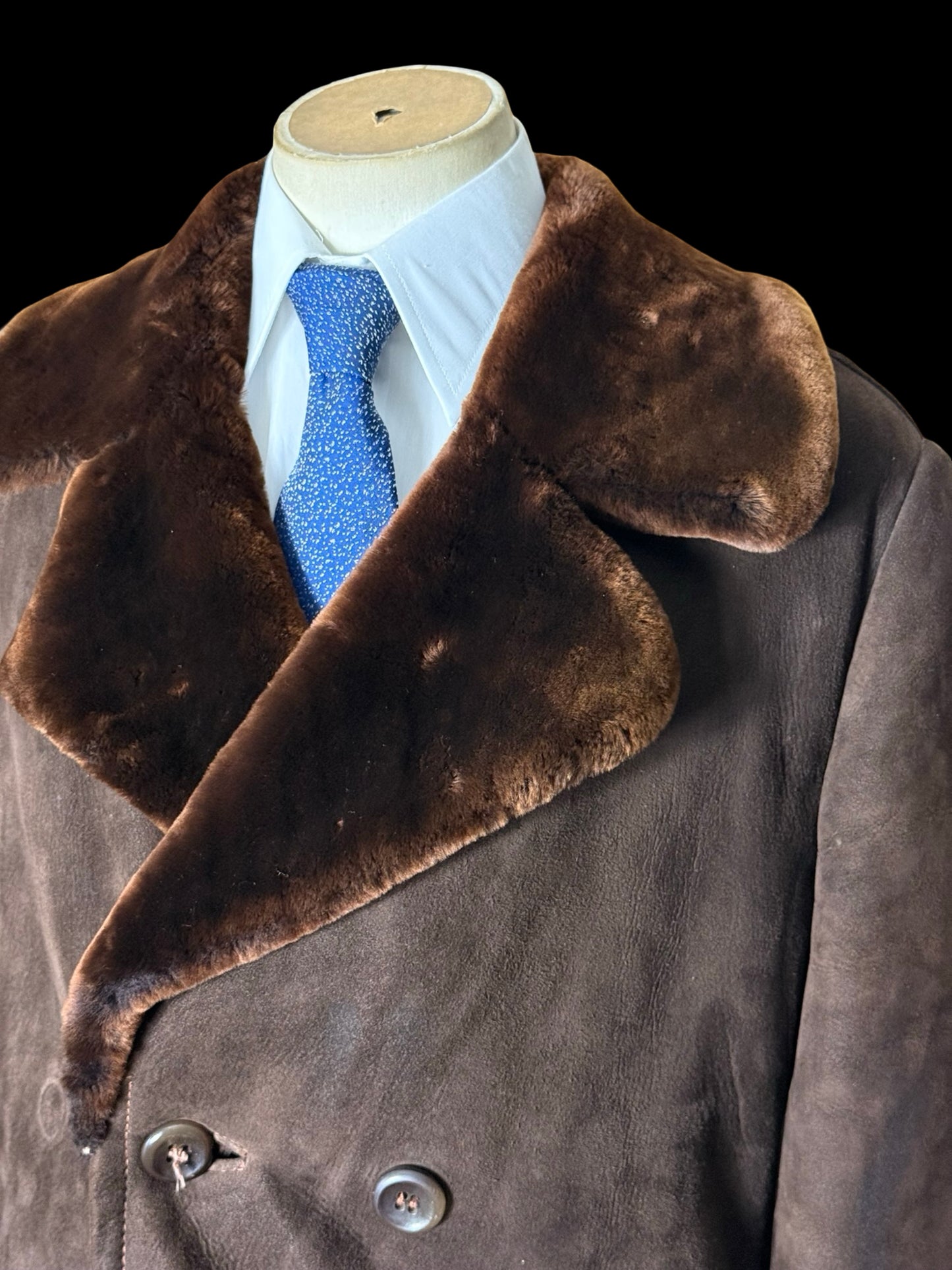 Vintage Men’s Double Breasted Sheepskin Overcoat 46” Dark Brown Back Belt