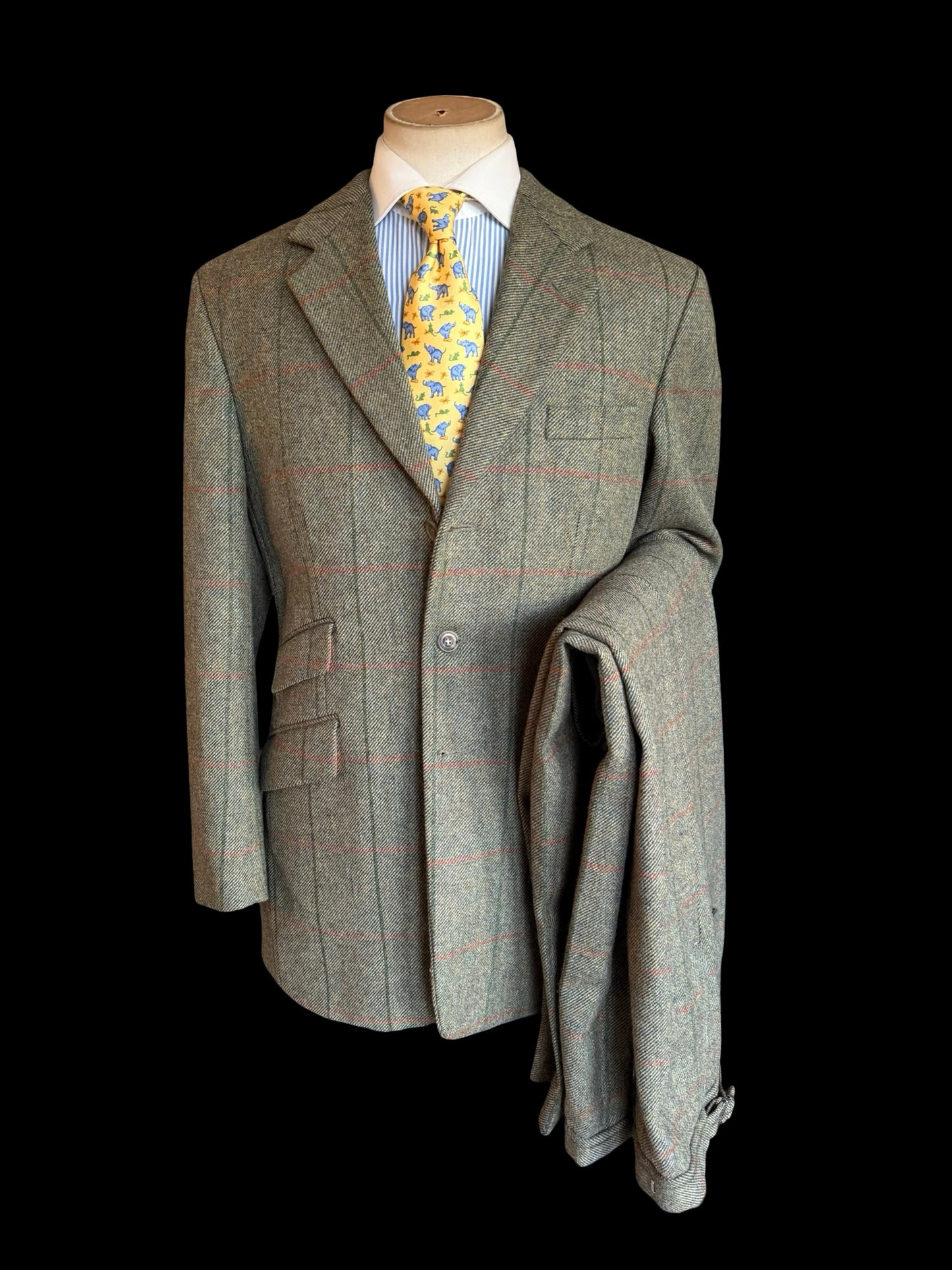 Vintage Bespoke Tweed Suit 40R / W34L Green Orange Overcheck Country