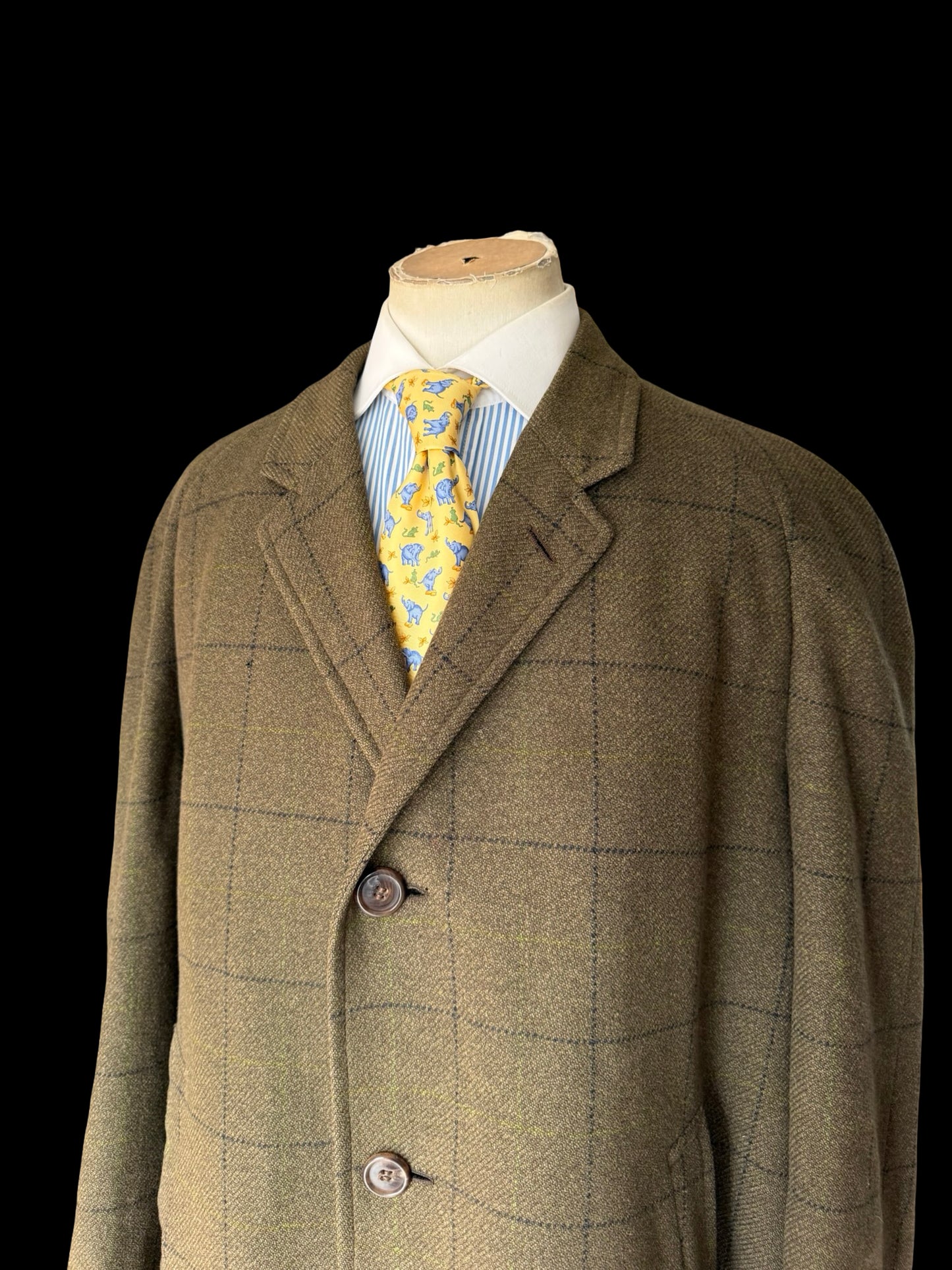 Vintage Chester Barrie Savile Row Green Tweed Overcoat 44L Raglan