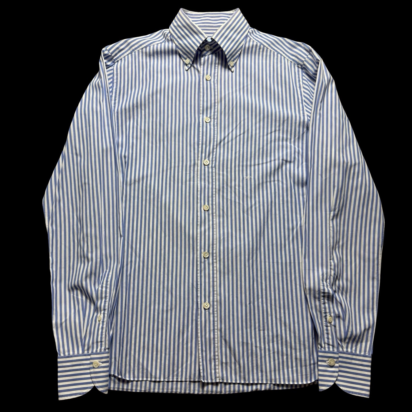 Anglo Italian Striped Button Down Shirt Size 15.5” Light Blue & White Hand Made