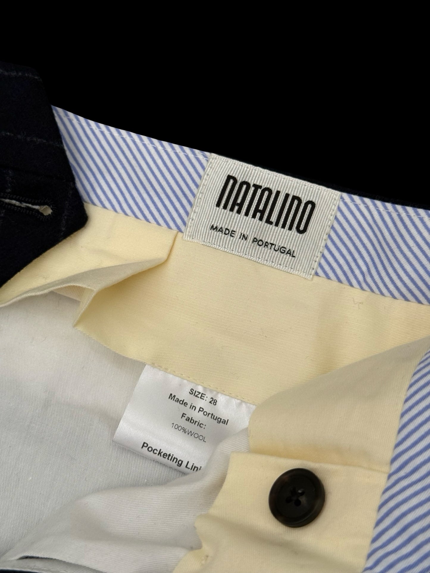 BNWT Natalino Pleat Front Trousers W28” Navy Flannel Wool Chalk Stripe RRP £195