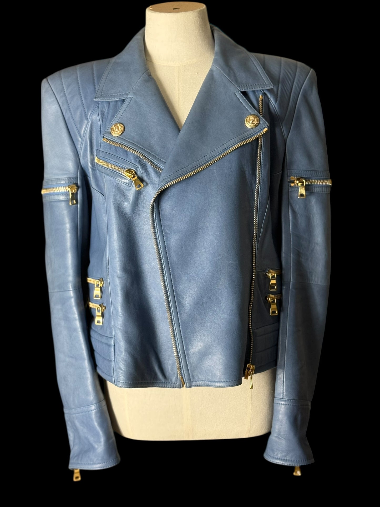 Women’s Balmain Blue Leather Biker Jacket FR42 Large RRP £2k+