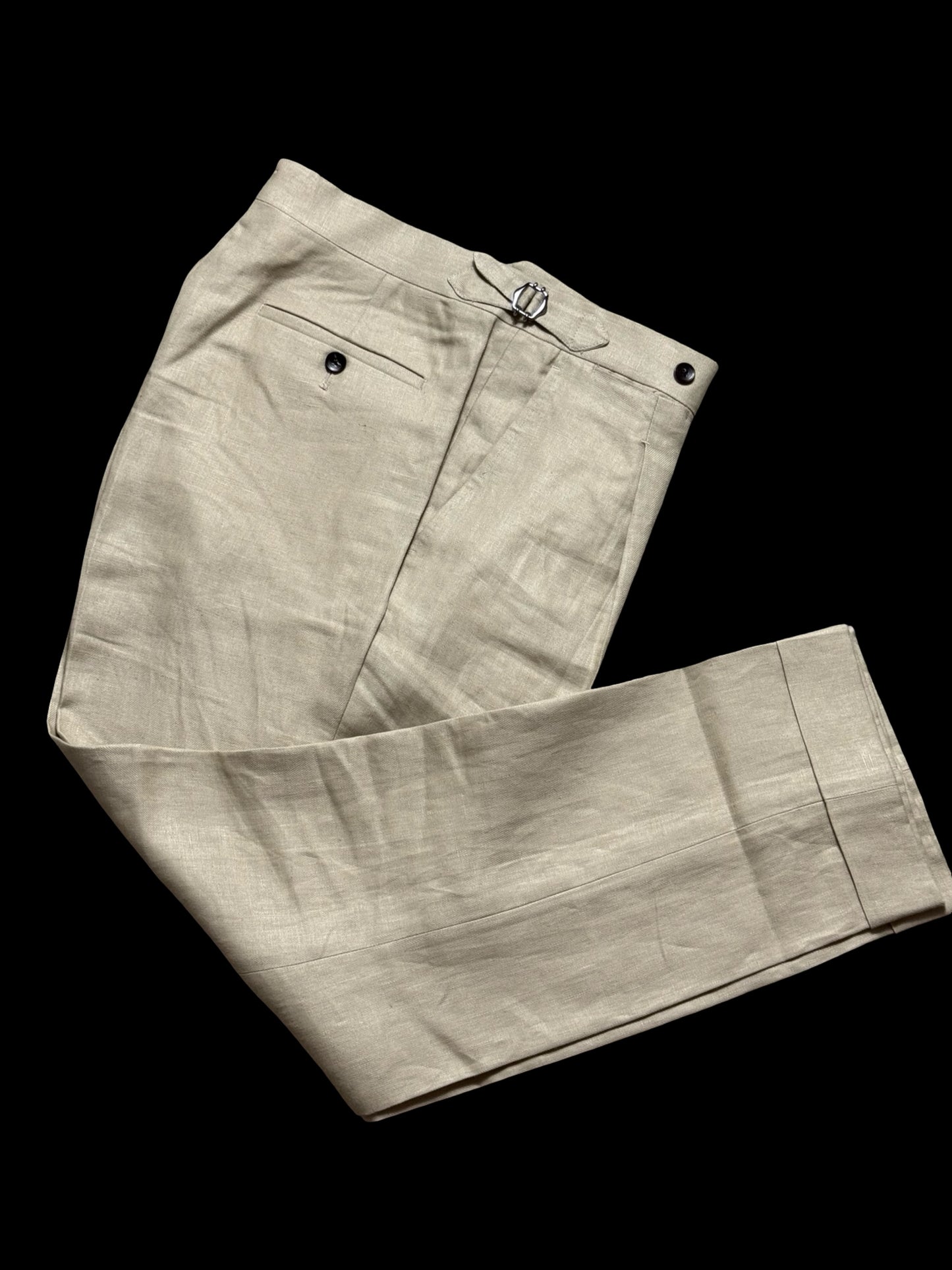 Natalino Single Pleat Khaki Irish Linen Trousers W32S Side Adjusters RRP £200