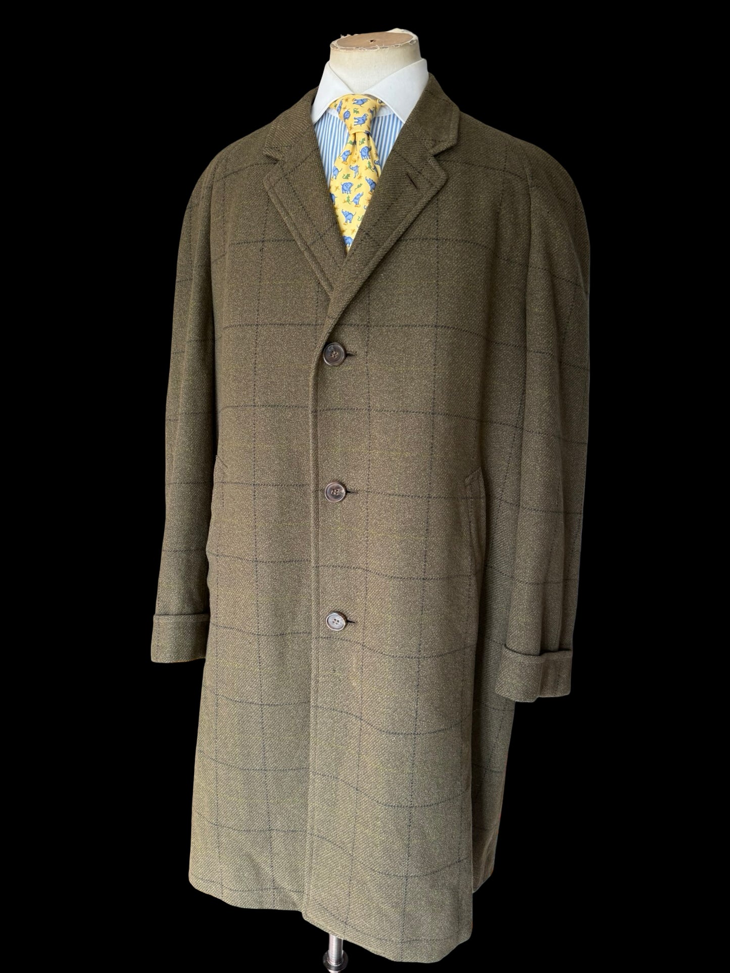 Vintage Chester Barrie Savile Row Green Tweed Overcoat 44L Raglan