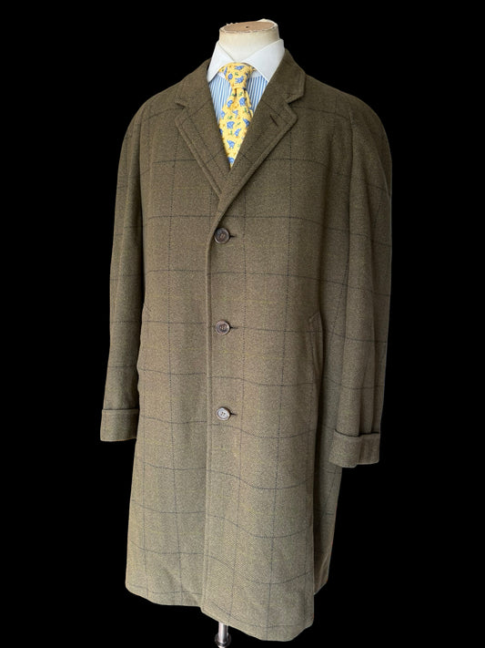 Vintage Chester Barrie Savile Row Green Tweed Overcoat 44L Raglan