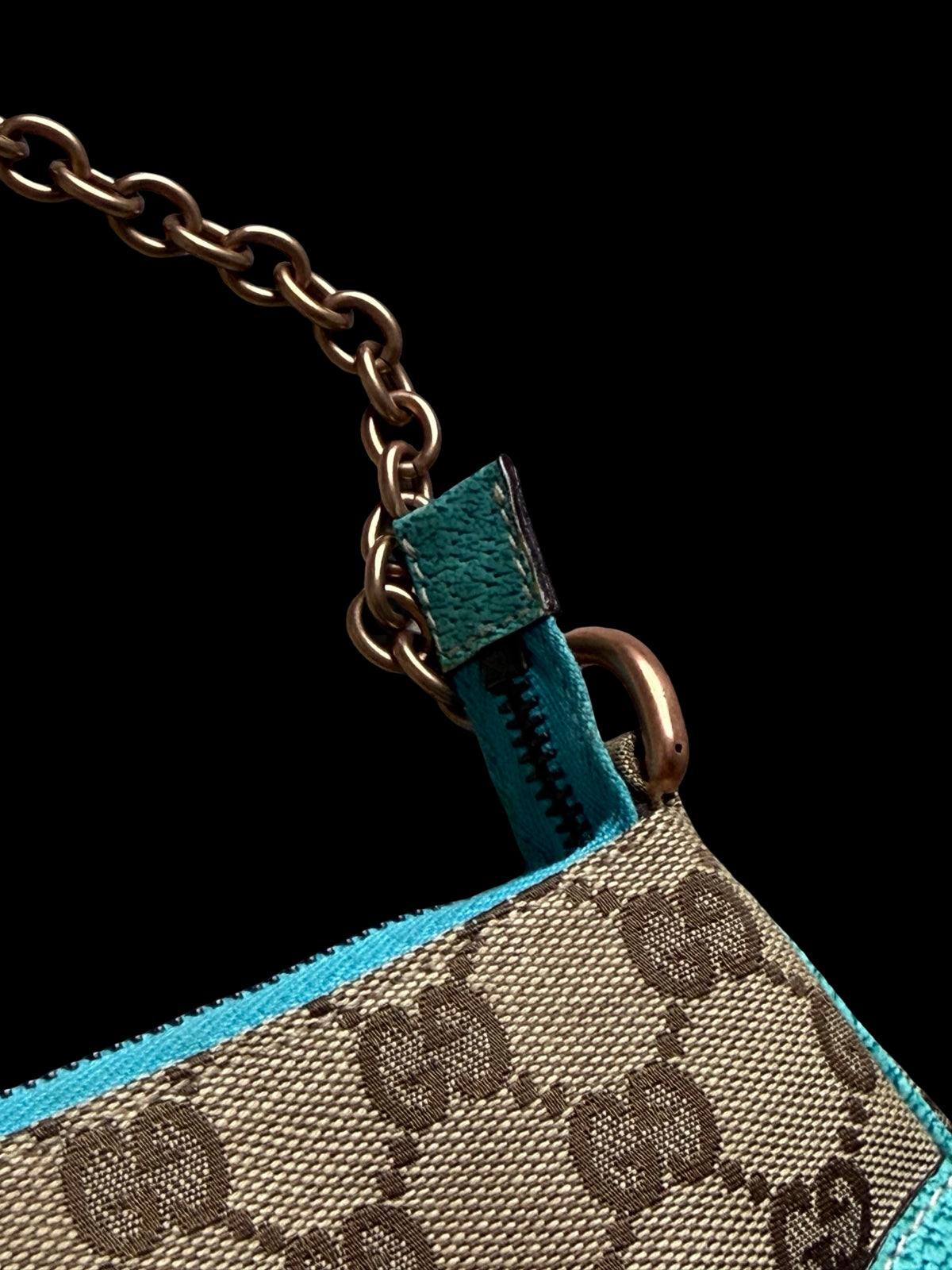 Vintage Gucci GG Canvas Nailhead Pochette Bag Brown/Turquoise Y2k Era Rare