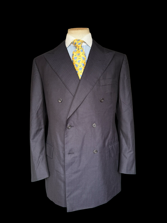 Bespoke Kent & Haste Savile Row Double Breasted Navy Herringbone Blazer 43R Pure Silk Lining