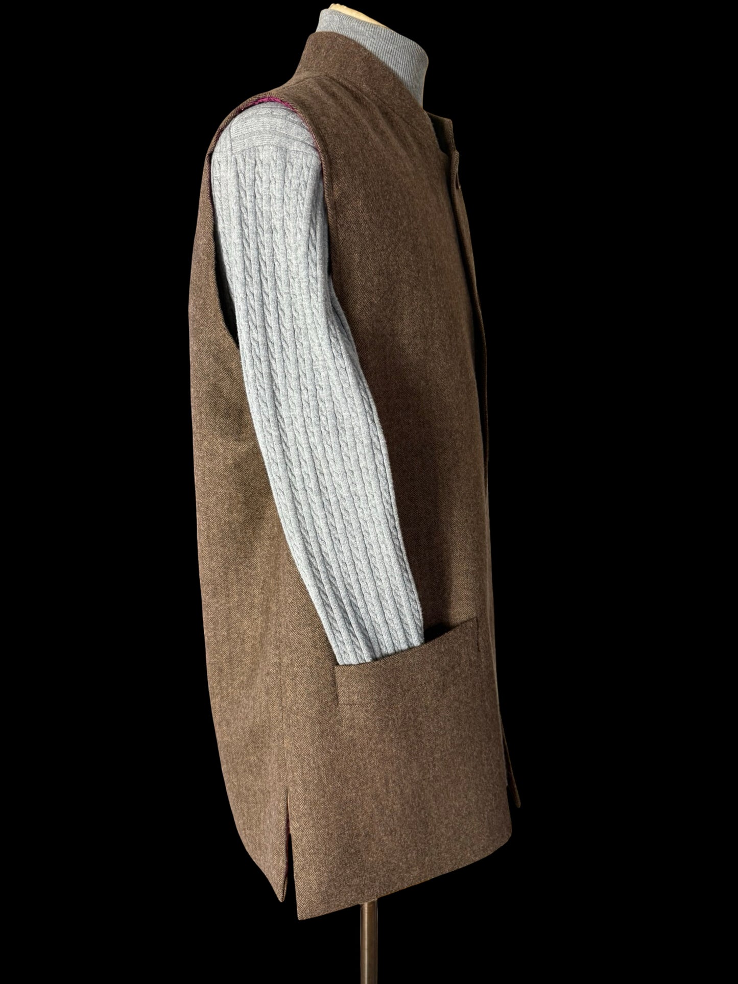 Bespoke Barrington & Ayre Moon Herringbone Wool Gilet 44 Nehru Brown RRP £525