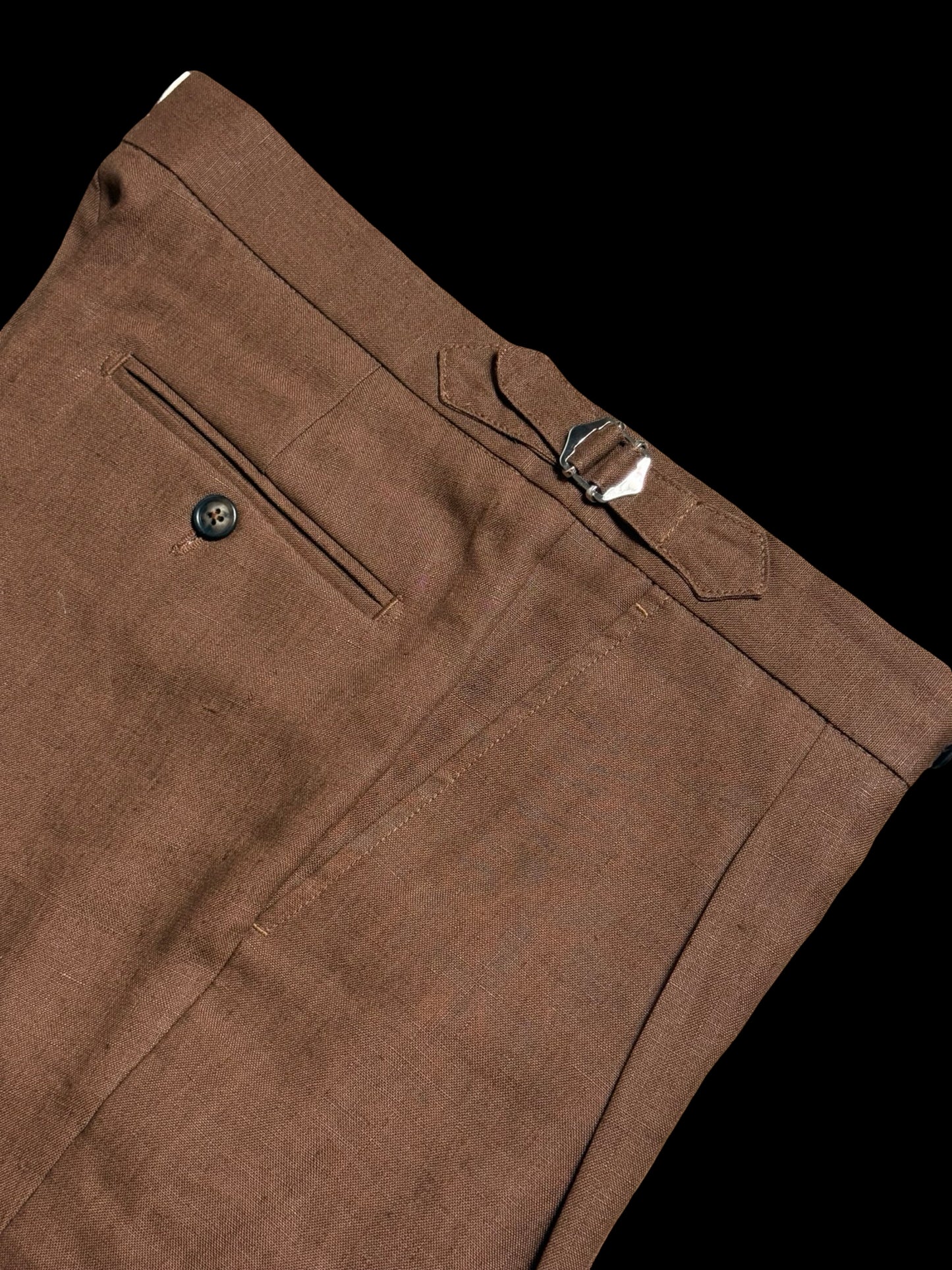 Natalino Single Pleat Tobacco Irish Linen Trousers W30S Side Adjusters RRP £200