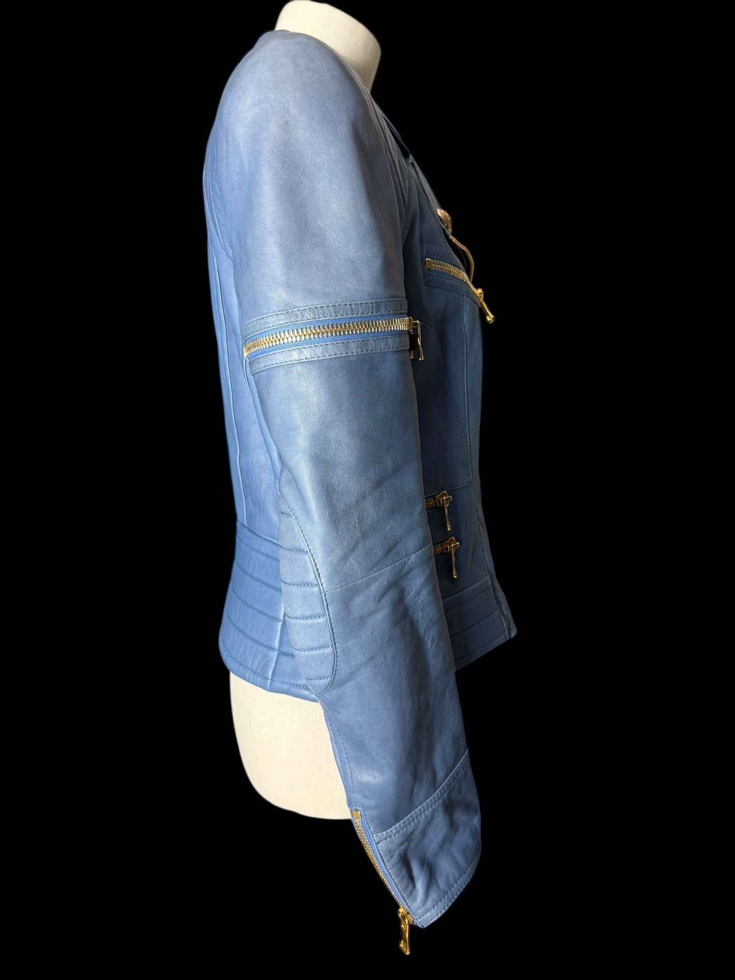 Women’s Balmain Blue Leather Biker Jacket FR42 Large RRP £2k+