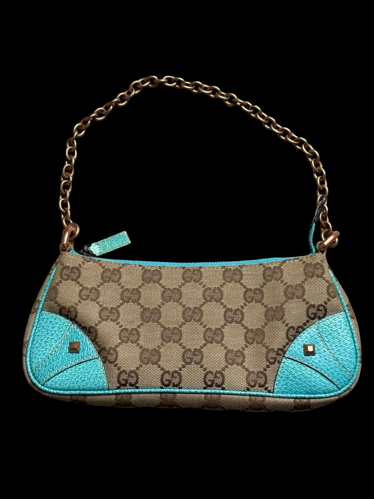 Vintage Gucci GG Canvas Nailhead Pochette Bag Brown/Turquoise Y2k Era Rare