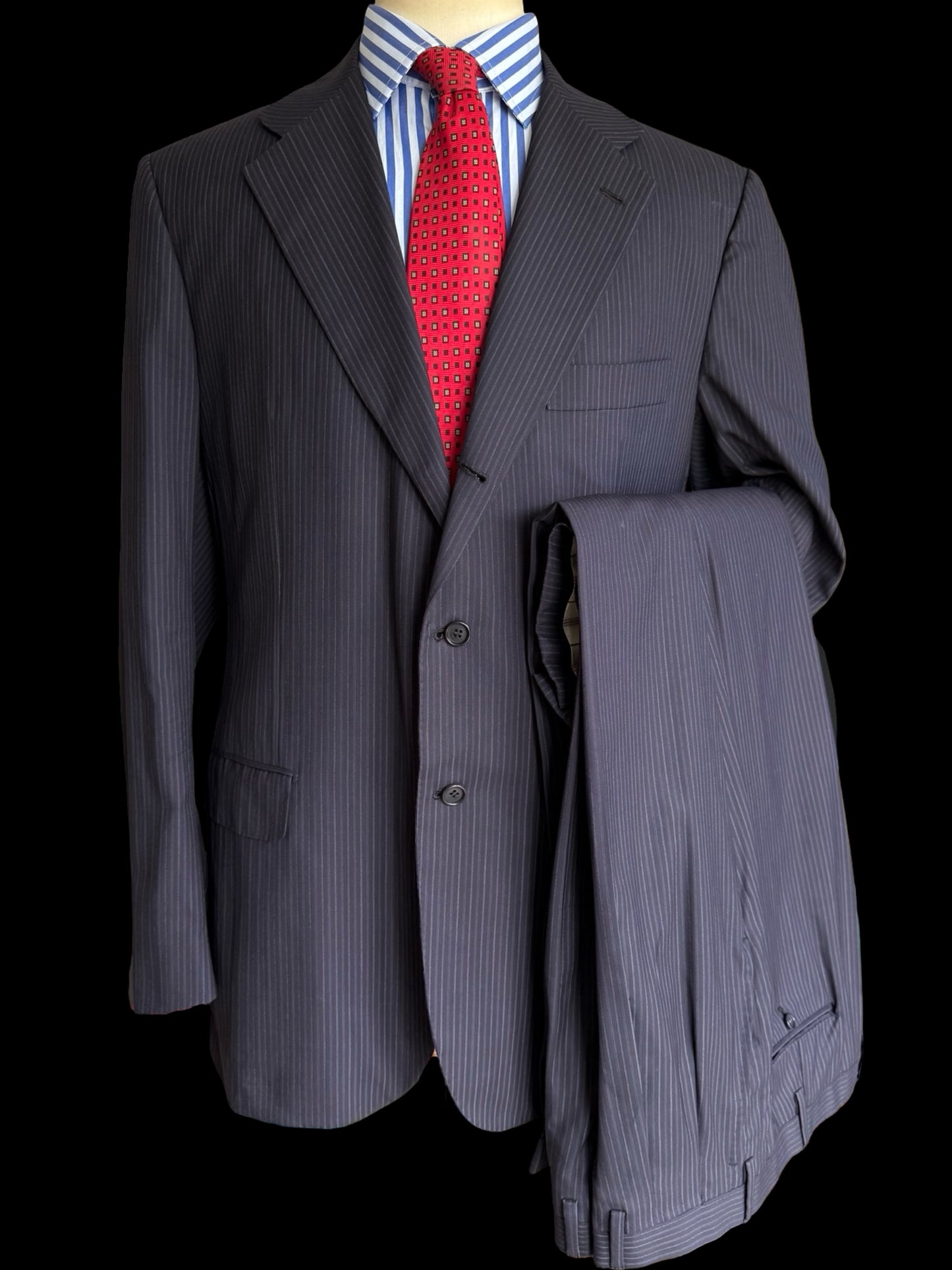 Kiton Navy Blue Pinstripe Suit 44L / W38L Blanc Blu Super 180’s Wool 2 Roll 3 14 Micron